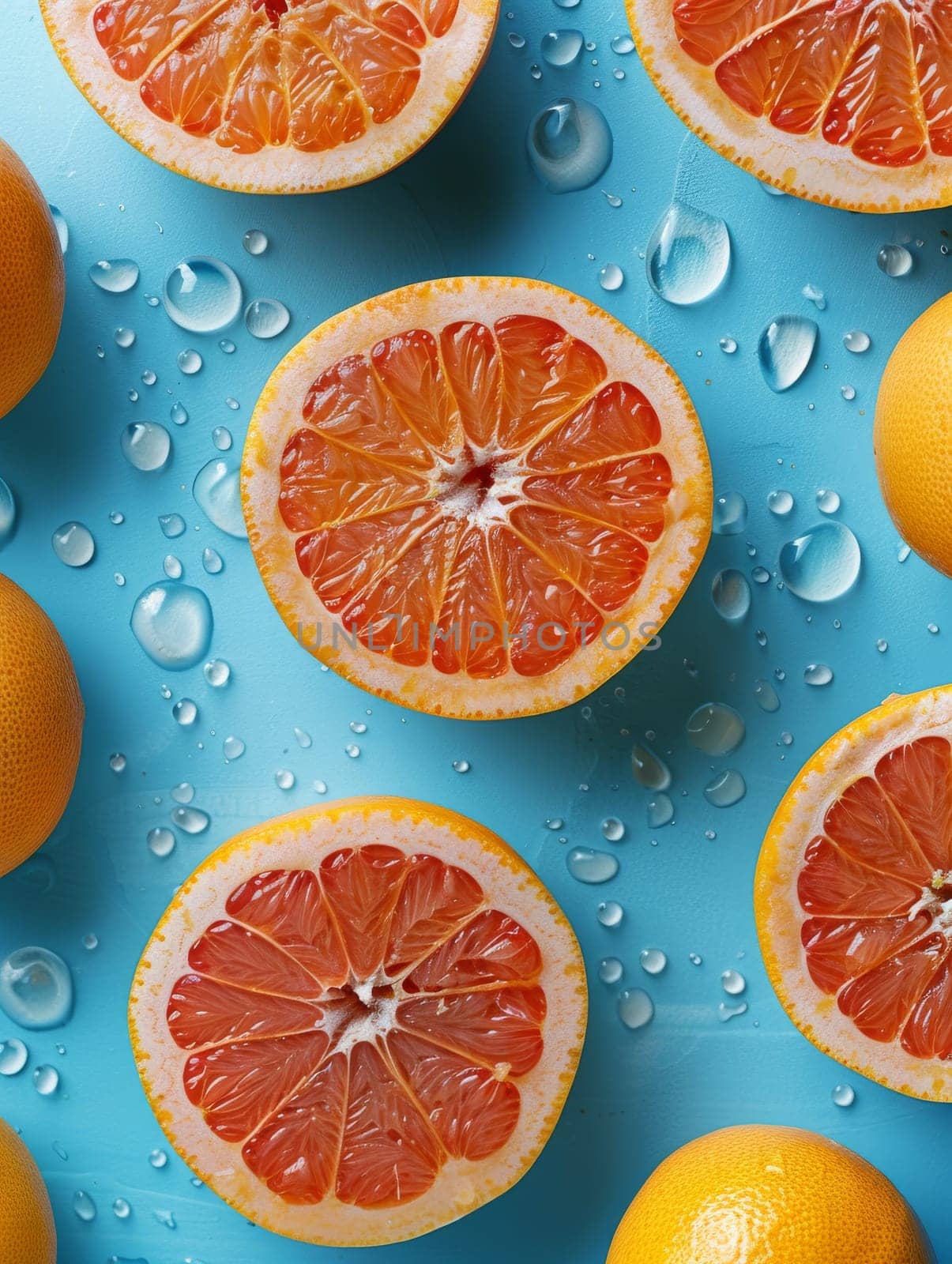 A close up of a bunch of oranges with one of them cut in half. The oranges are arranged in a pattern on a blue and white tablecloth