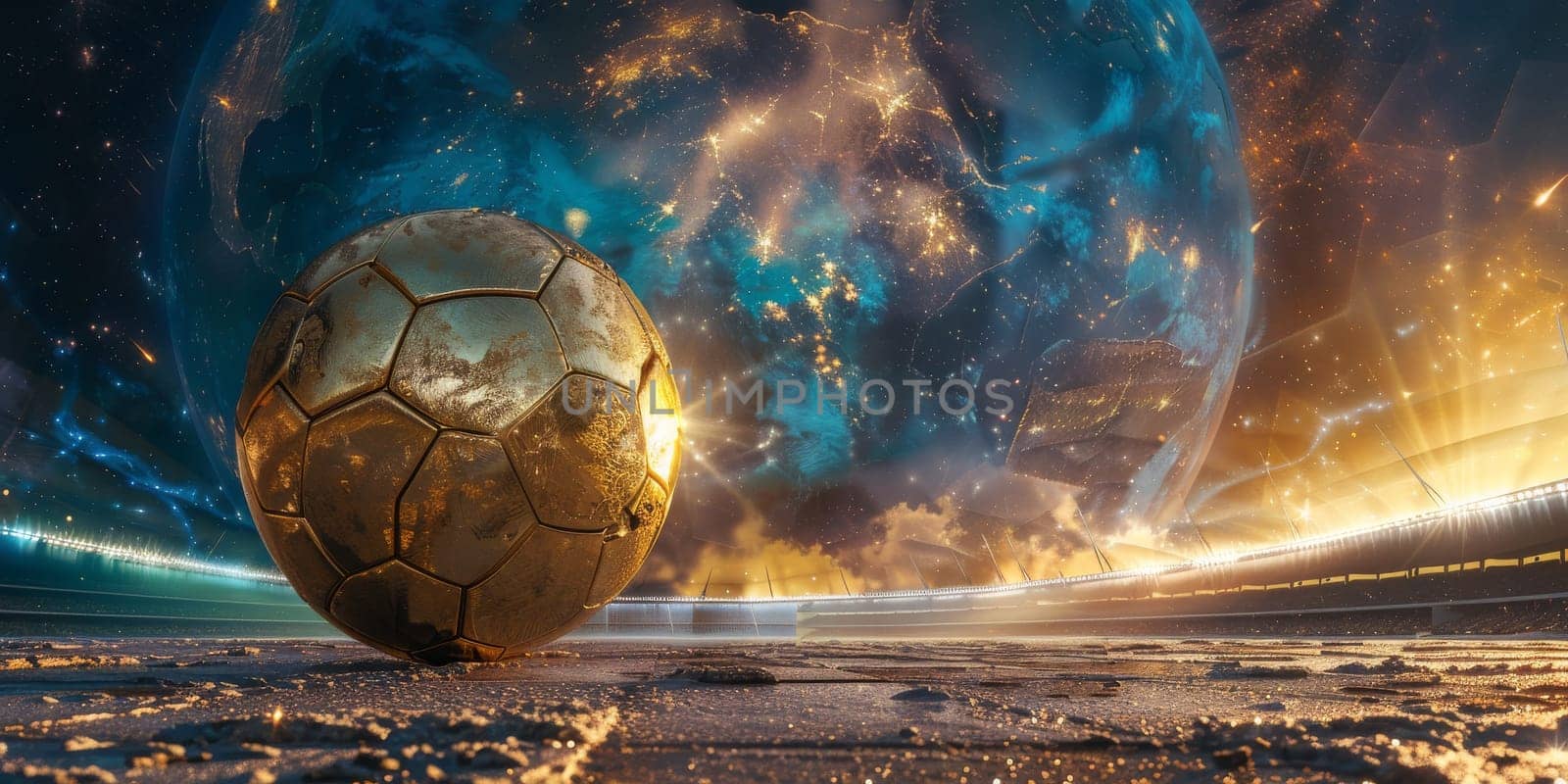 A gold soccer ball sits on a field. The ball is surrounded by grass and the field is lit up