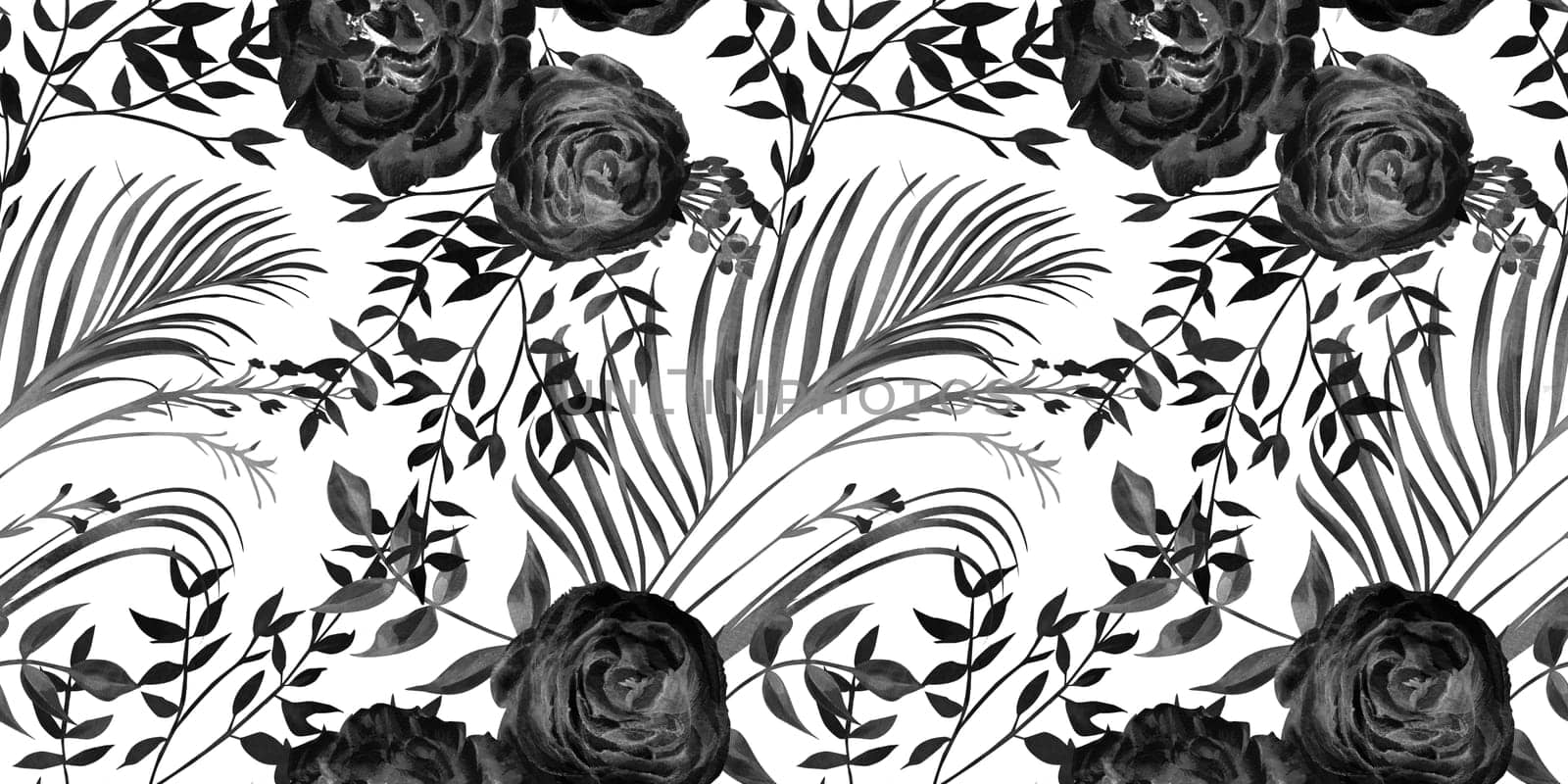 Black and white monochrome pattern with roses and branches for textile