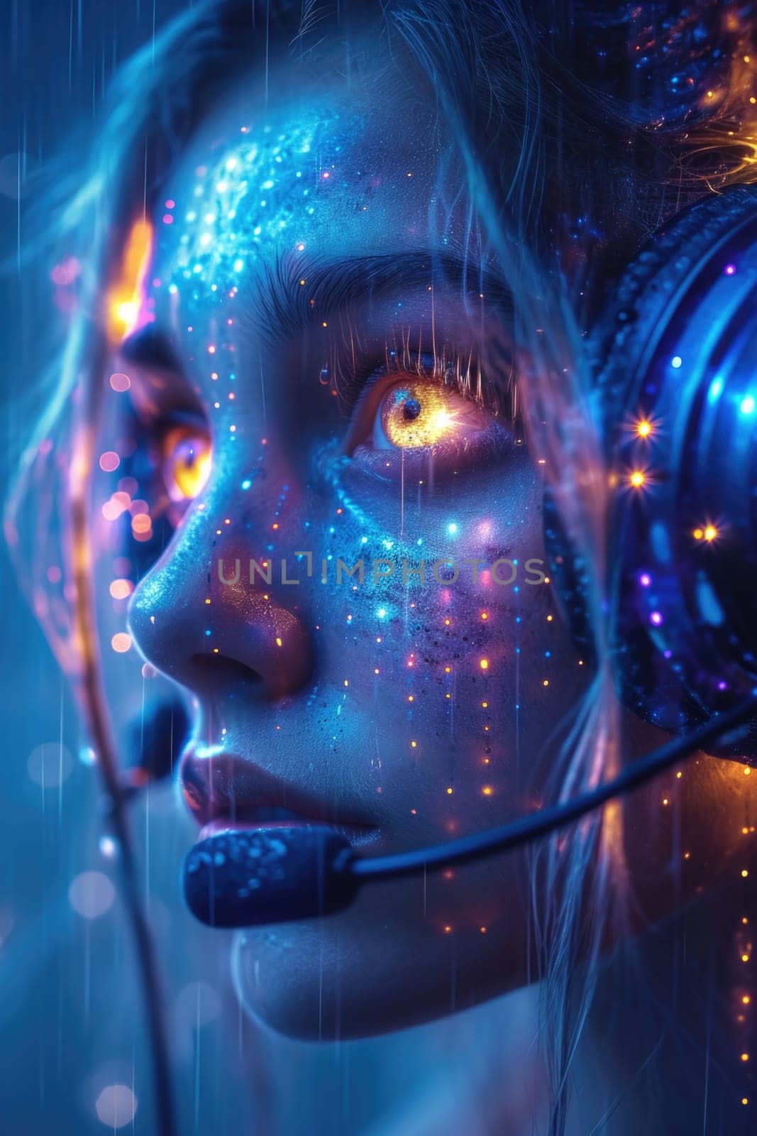 A girl in big headphones in the night neon light. Musical accompaniment of a night disco with neon lighting by Lobachad