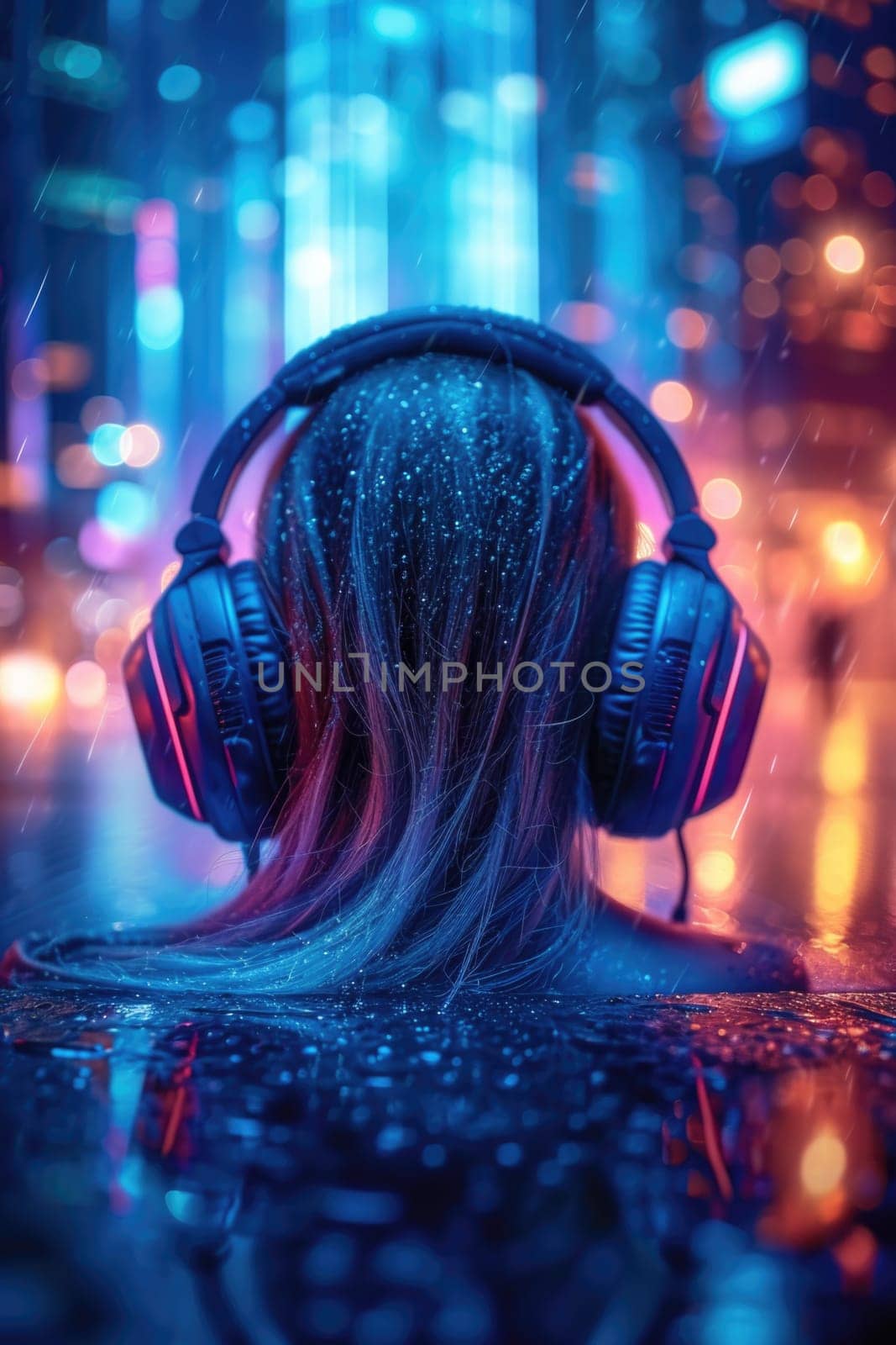 A girl in big headphones in the night neon light. Musical accompaniment of a night disco with neon lighting.