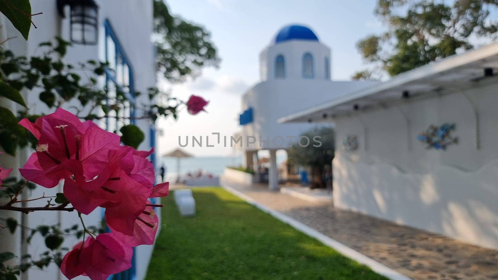 Bangsaray Pattaya Thailand 28 February 2024, A white building stands tall against the sky, its blue dome gleaming in the sun. In the foreground, a vibrant pink flower adds a pop of color to the scene.