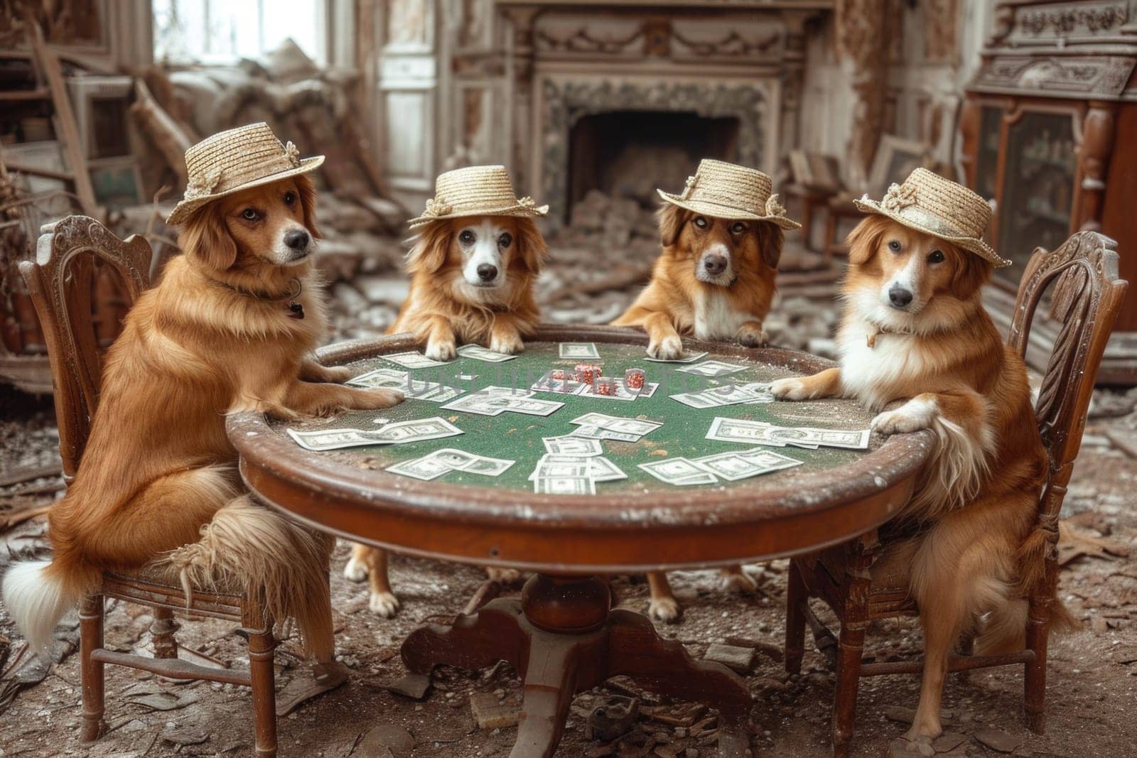 A group of dogs in hats sit at a table and play poker. Casino.