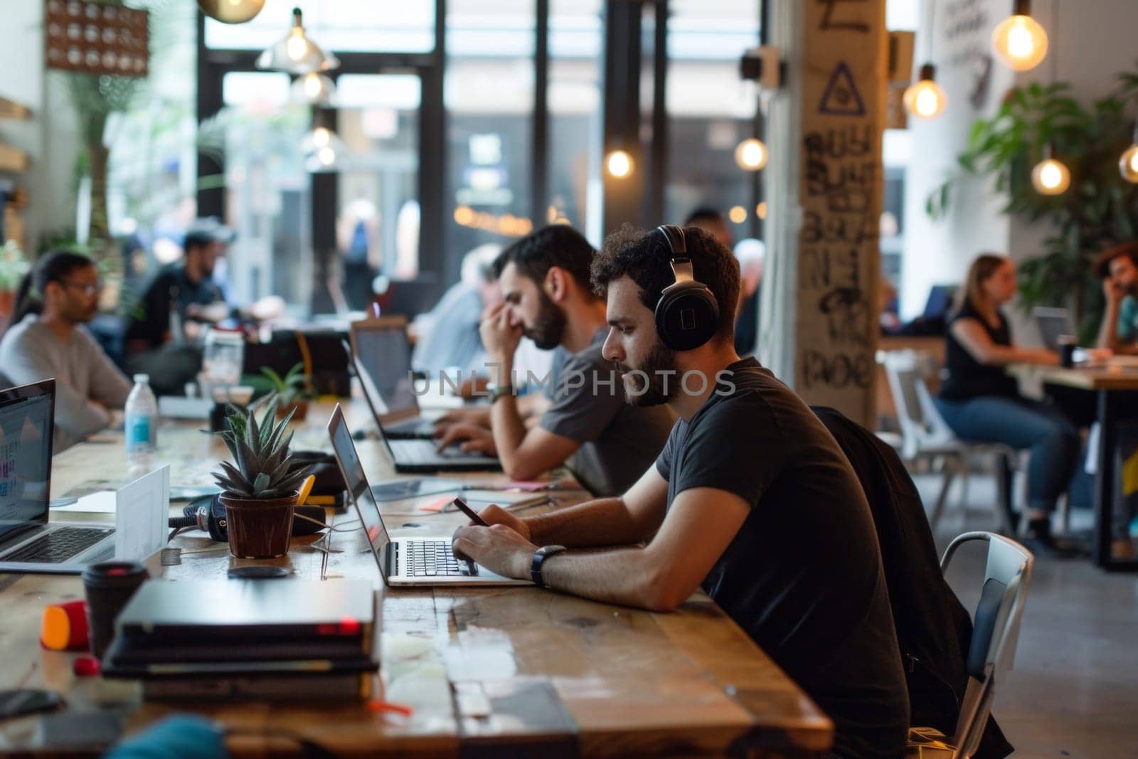 Freelancers engrossed in their work in a coworking open space, using laptops and notebooks.