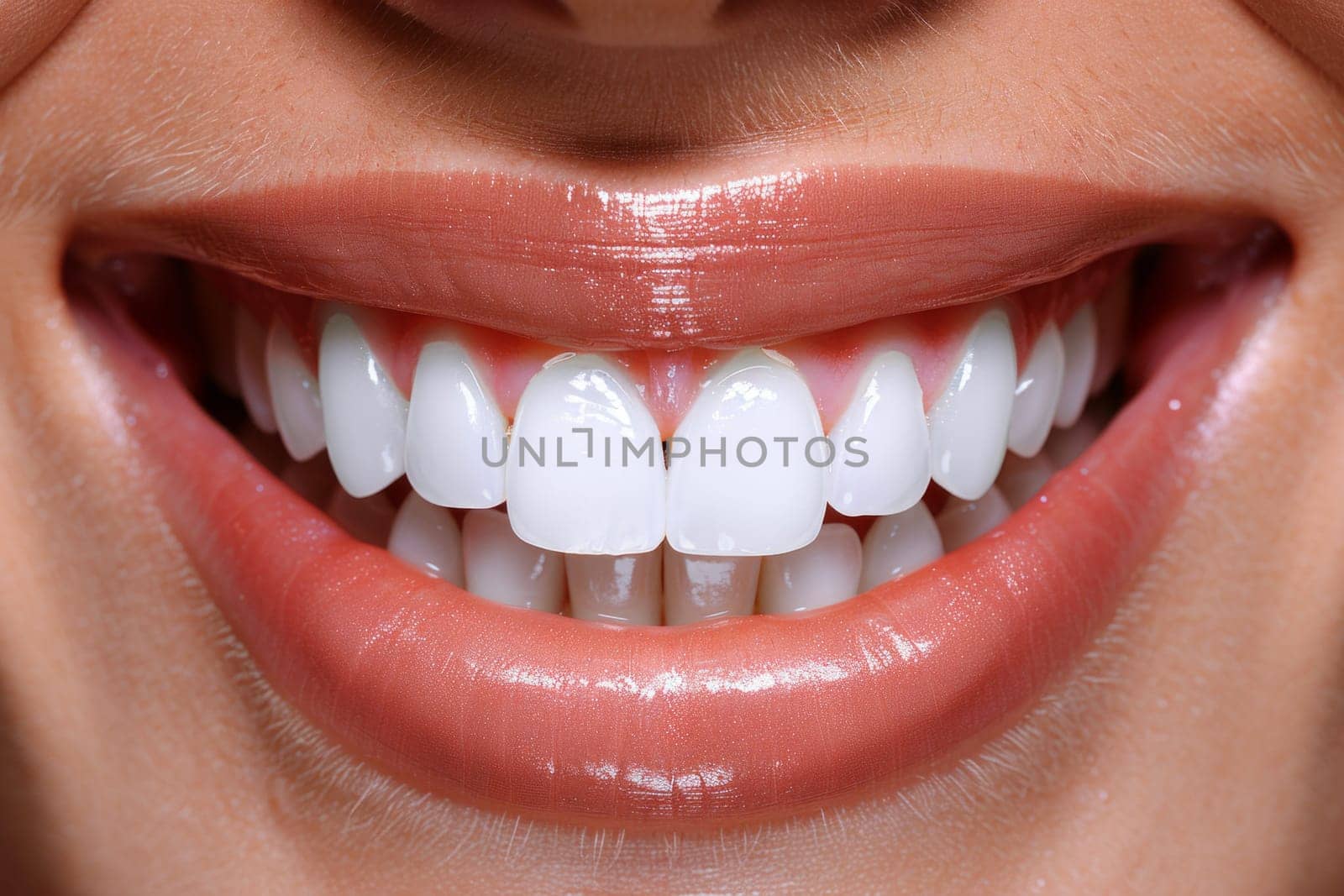 Close up of beautiful female smile after teeth whitening procedure. Dental care. Dentistry concept by papatonic