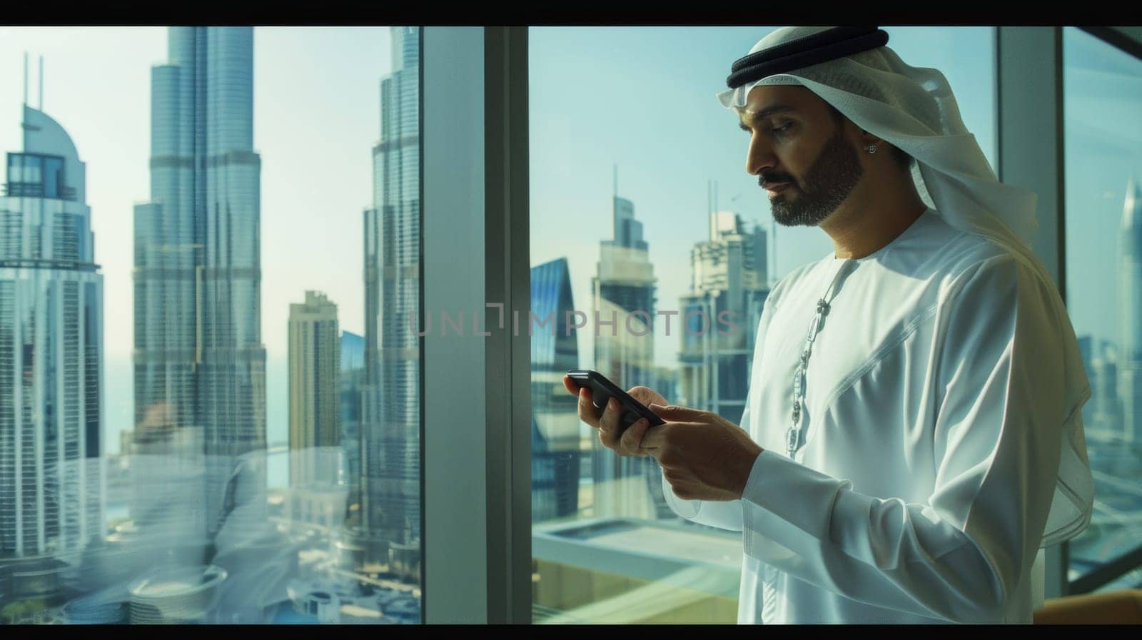 Young arab guy holds a smartphone in a modern office overlooking dubai.