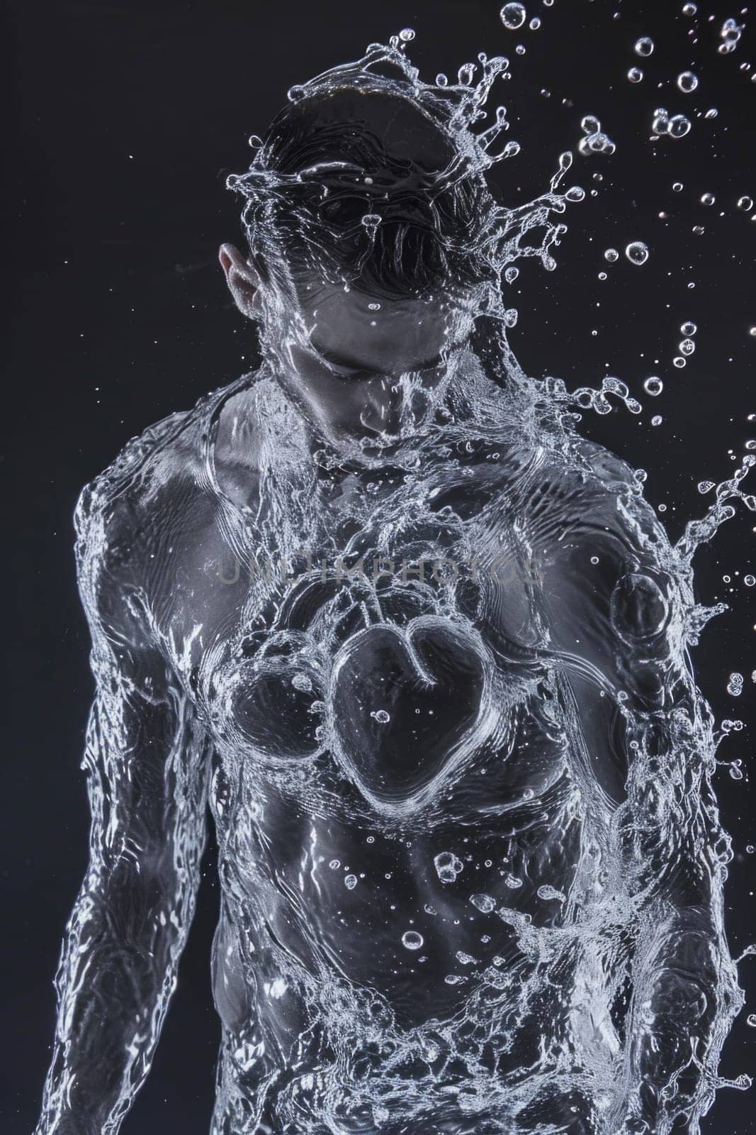 a human body made of water droplets, the whole body.