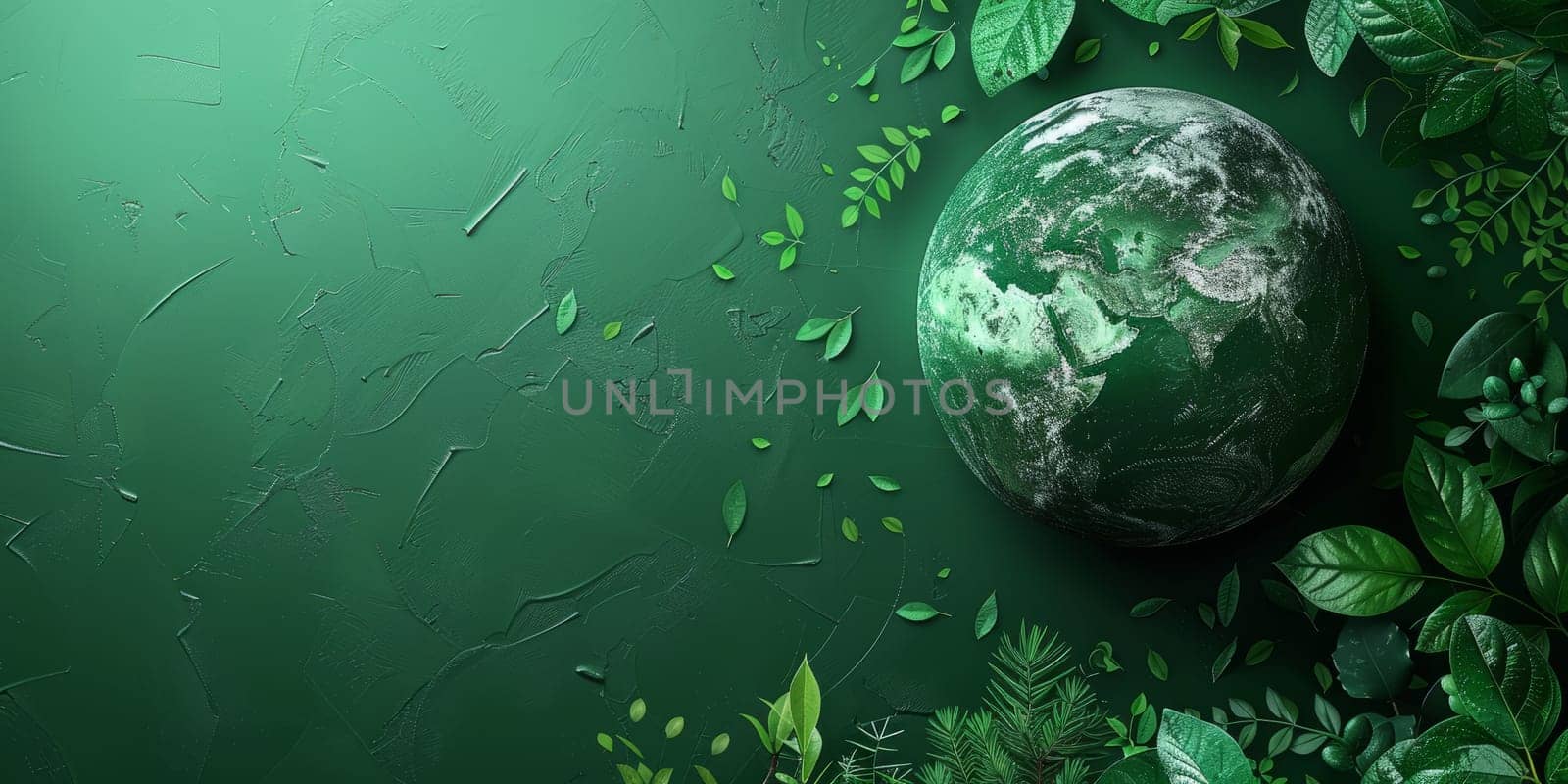Planet Earth surrounded by lush green leaves and raindrops. Environmental and nature conservation concept.