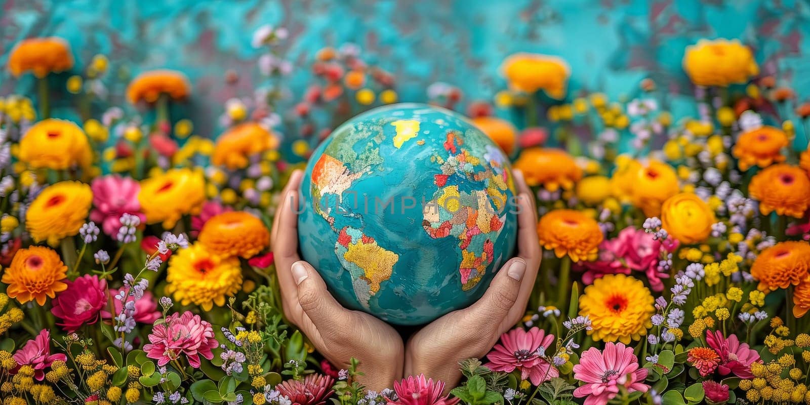 Close up image of hands holding a globe with flowers in the background. The concept of a green and sustainable planet.