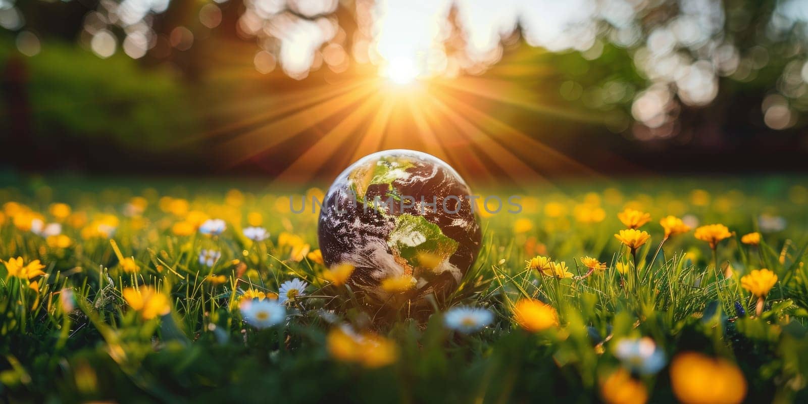 Close up of planet Earth sitting in a lush green field of grass and flowers with a warm sunset in the background. Earth day concept