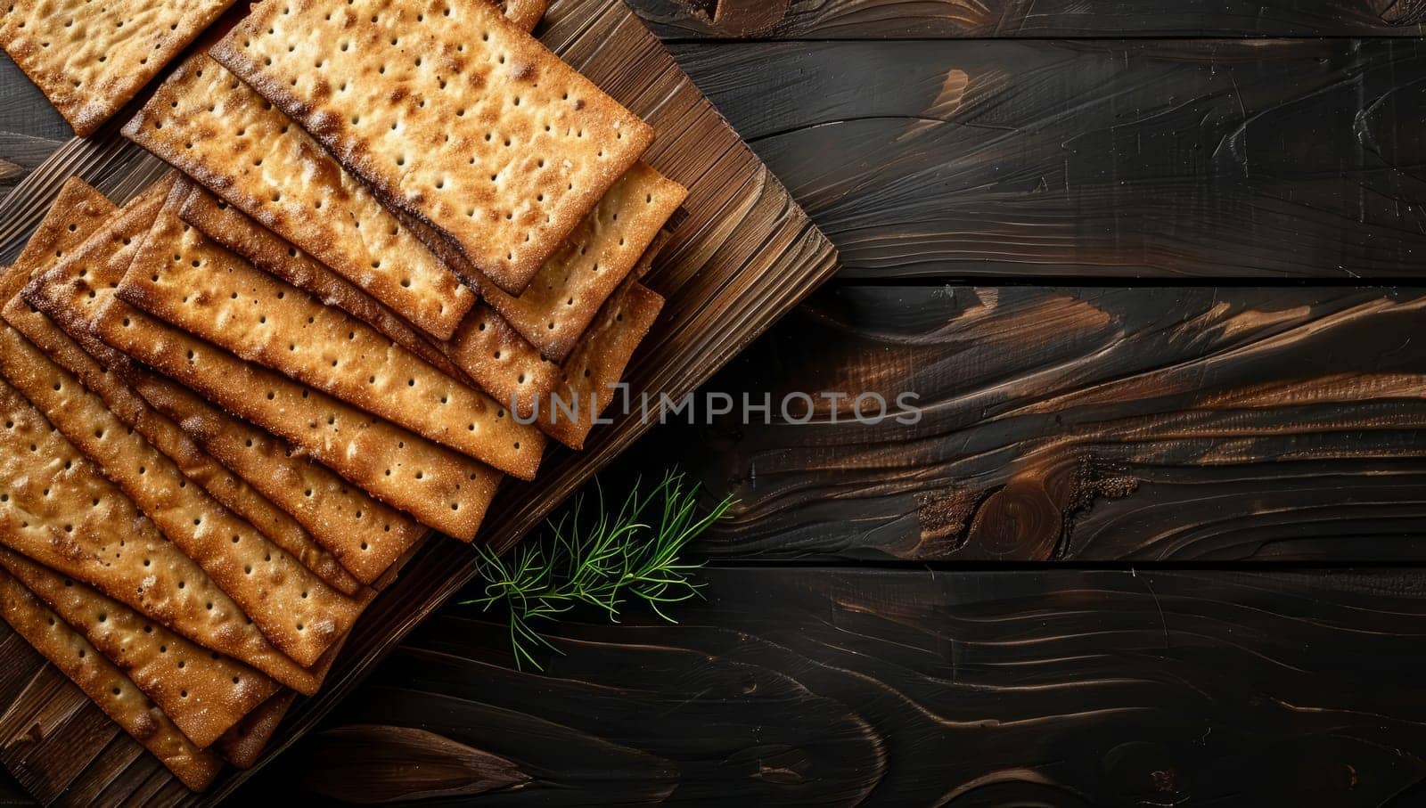 Crispy whole grain crackers with rosemary on rustic wooden background. Healthy snack or appetizer concept.