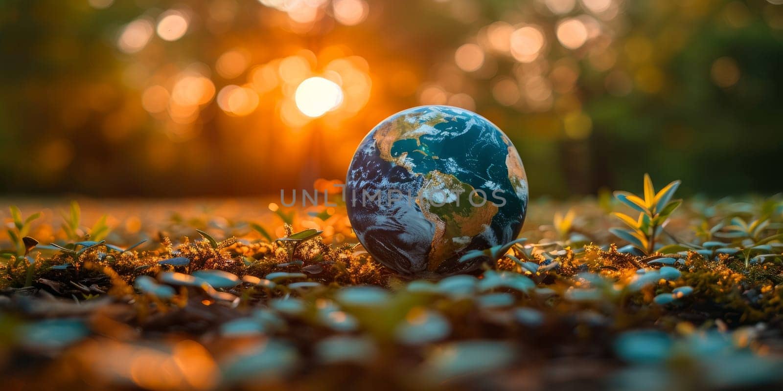 Earth globe on autumn leaves in nature with sunlight bokeh. Concept of environmental protection, ecology, sustainable living, and preserving the planet.