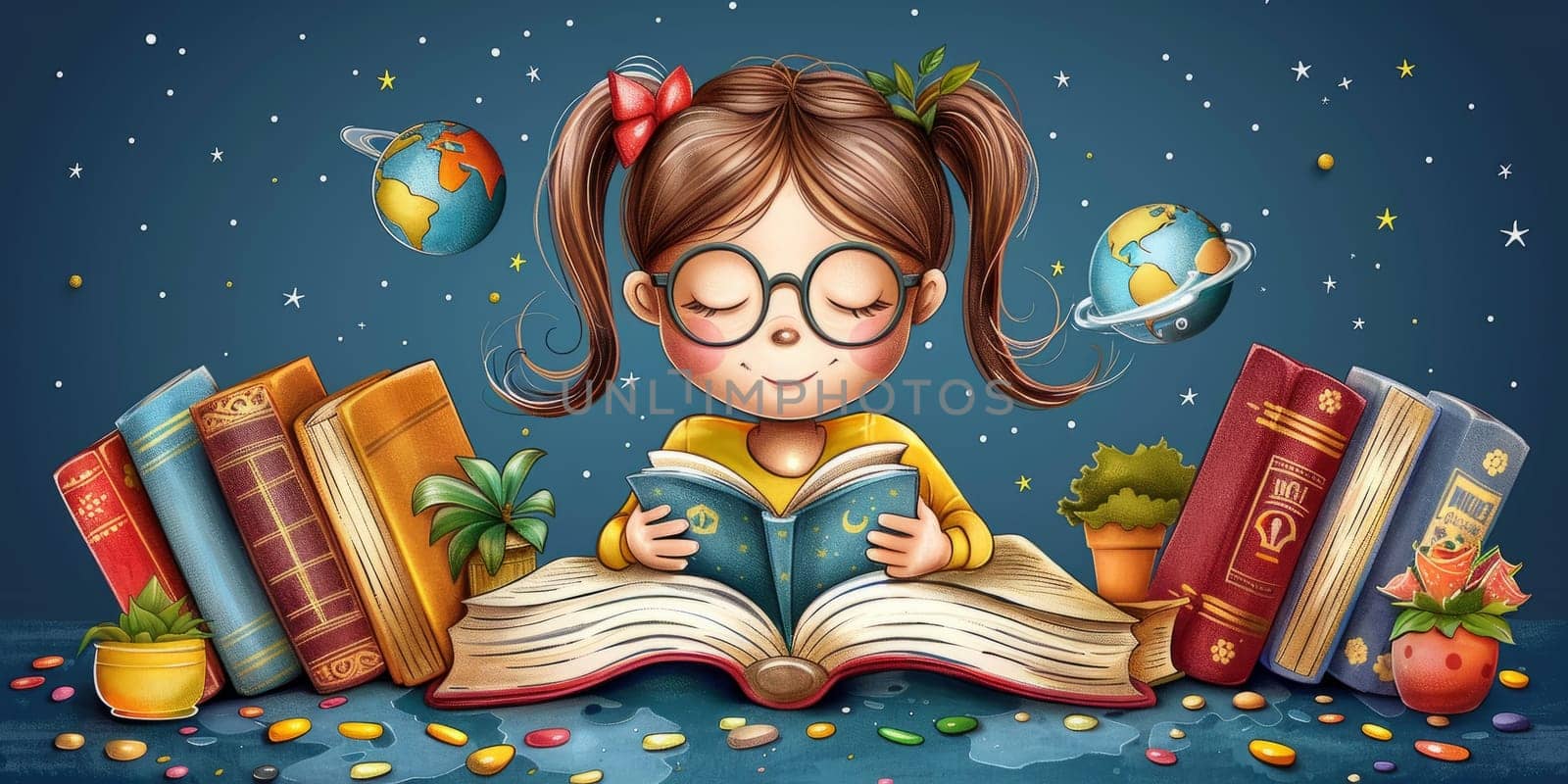 Imaginative Girl Reading Book with Magical World Emerging from Pages. Concept of Childhood Reading, Imagination, and Love for Literature.