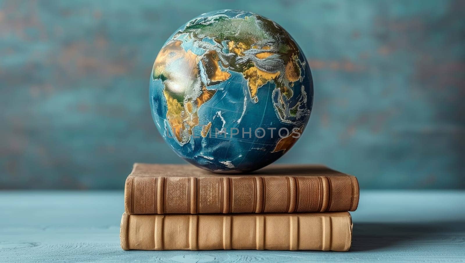 Earth globe resting on stack of old books, world knowledge and education concept. Geographical planet sphere on vintage hardcover textbooks against blue background.