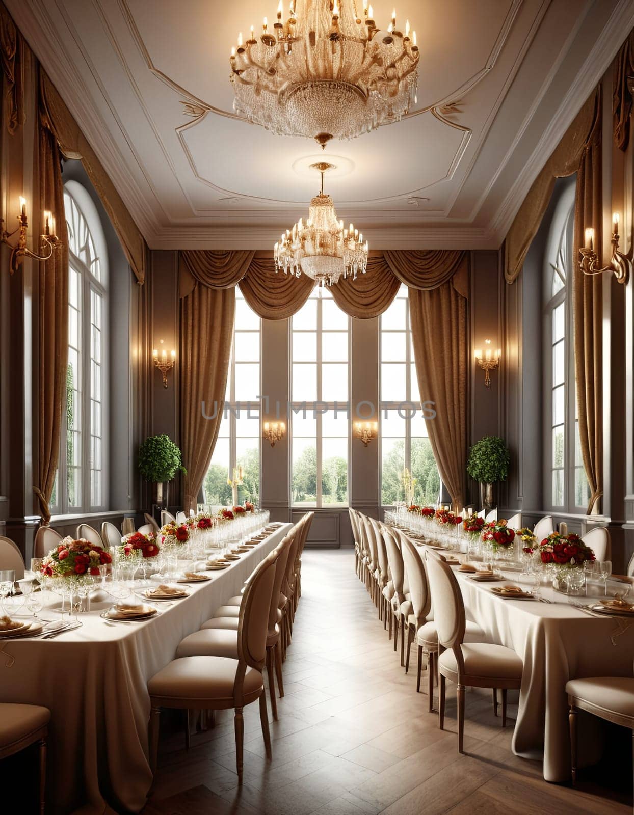 opulent banquet hall where tables set for a grand event bask in the ambient light, showcasing the room’s architectural elegance. by Matiunina