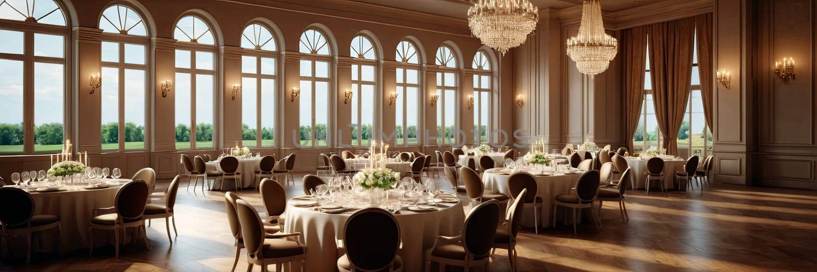 Elegant banquet hall, round tables adorned with flowers are illuminated by the soft glow of a chandelier and natural light from arched windows during an evening event. by Matiunina