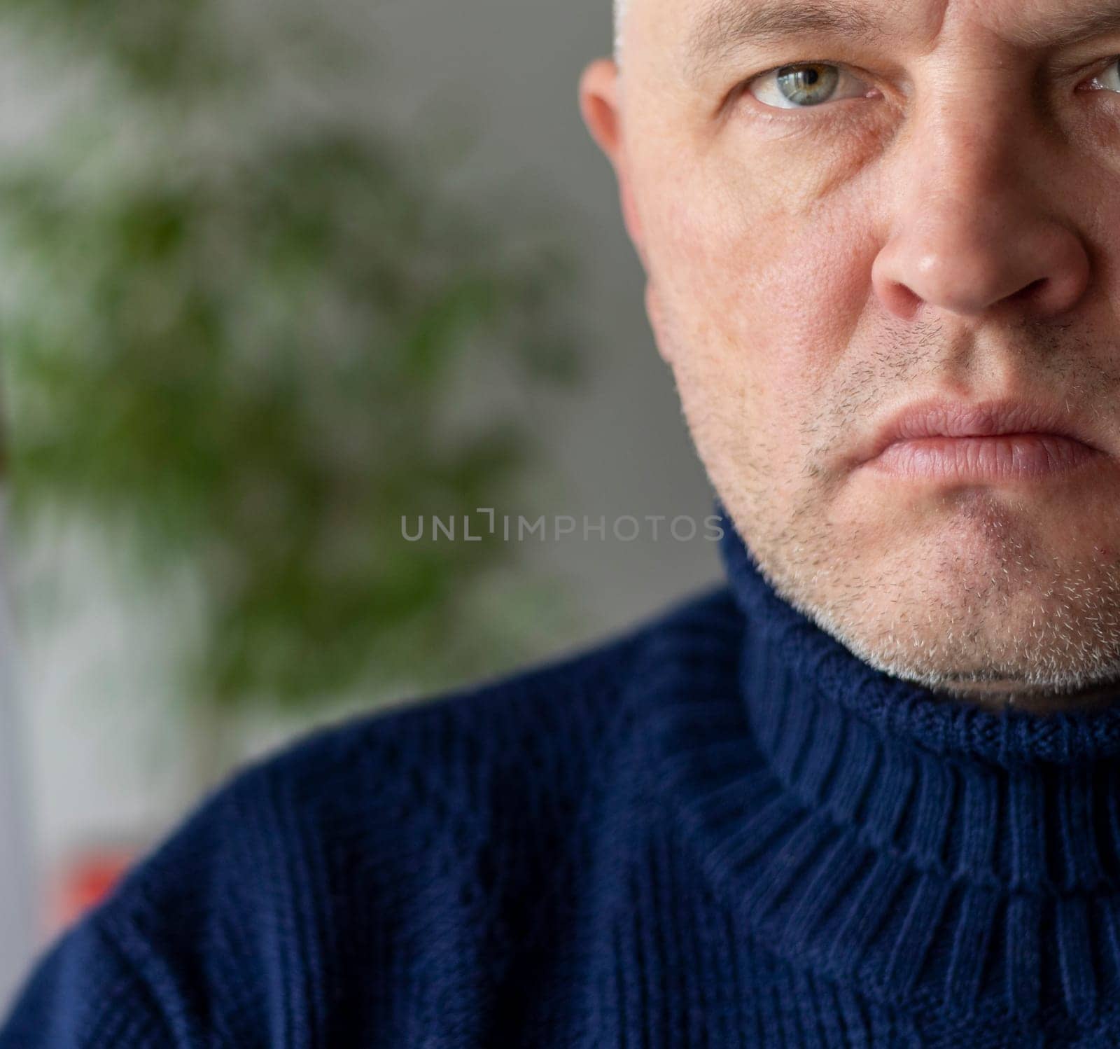 Portrait of the mid aged man with grey hair, wearing warm, dark blue sweater