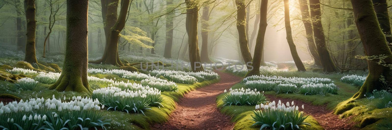 Forest path winds through dense forest, surrounded by blooming white snowdrops flowers during early morning, offering peaceful scenery for nature enthusiasts. by Matiunina