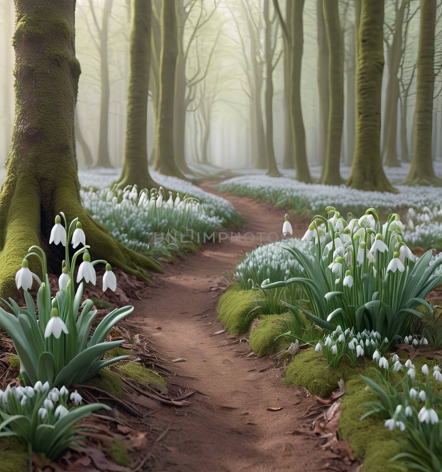 Forest path winds through dense forest, surrounded by blooming white snowdrops flowers during early morning, offering peaceful scenery for nature enthusiasts