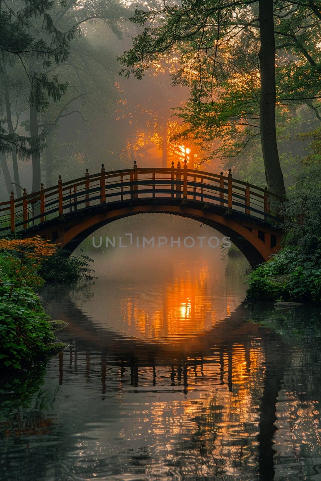 A bridge spanning a tranquil river at sunrise, connecting two shores and symbolizing passage.