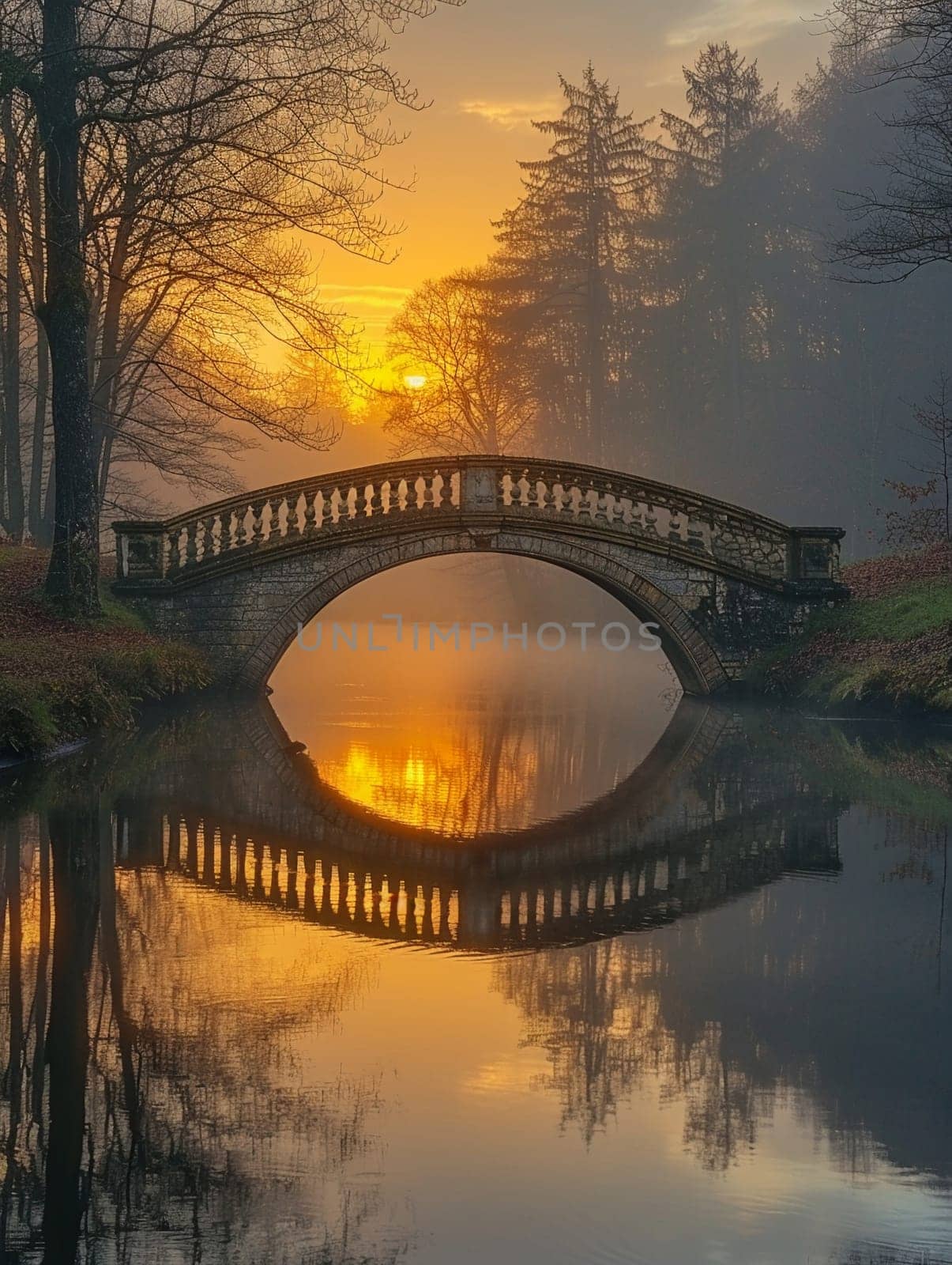 A bridge spanning a tranquil river at sunrise, connecting two shores and symbolizing passage.