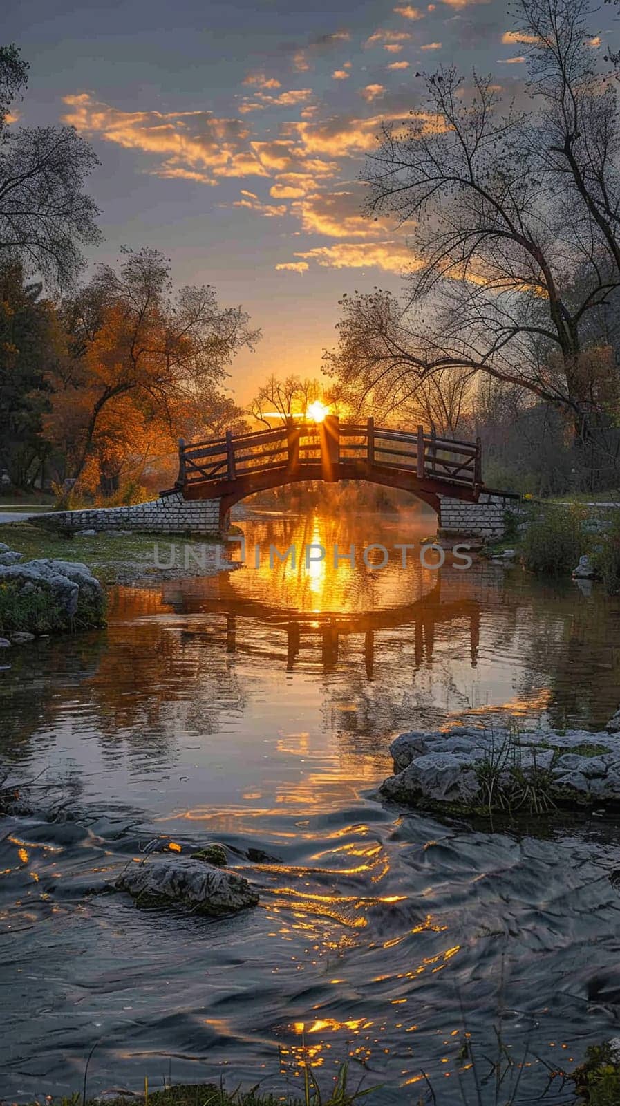 A bridge spanning a tranquil river at sunrise, connecting two shores and symbolizing passage.