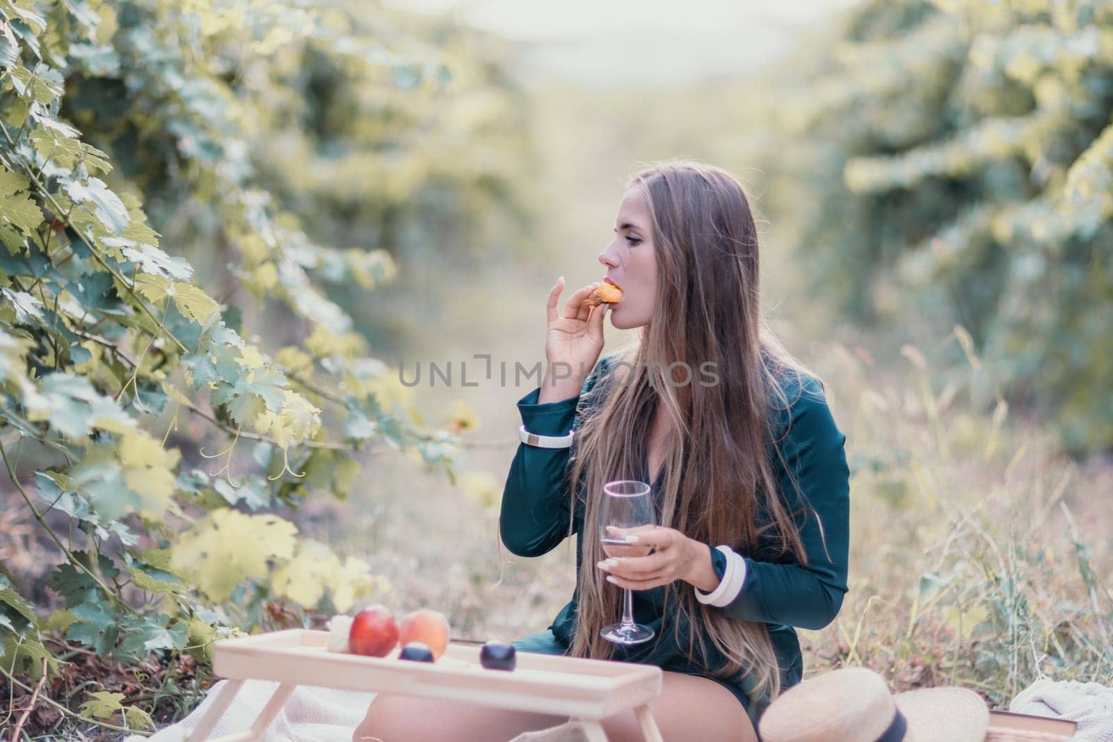 Picnic and wine tasting at sunset in the hills of Italy, Tuscany. Vineyards and open nature in the summer. Romantic dinner, fruit and wine.