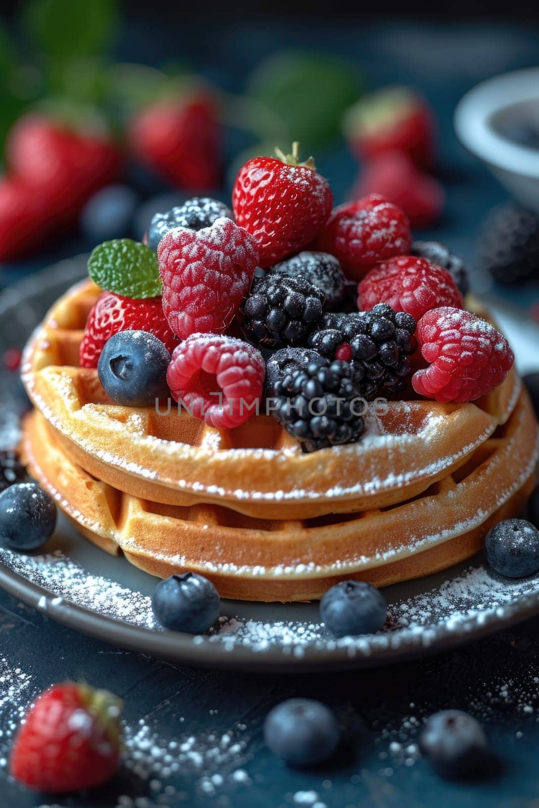 A plate of delicious waffles and berries are on the table.