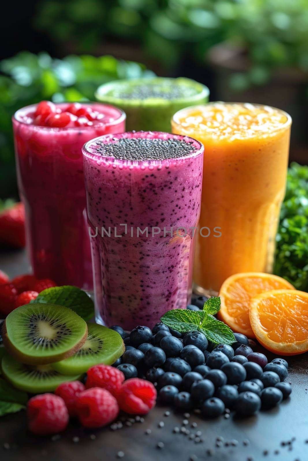 Summer colorful fruit smoothies in glasses on the table. Berries and fruits are lying nearby by Lobachad