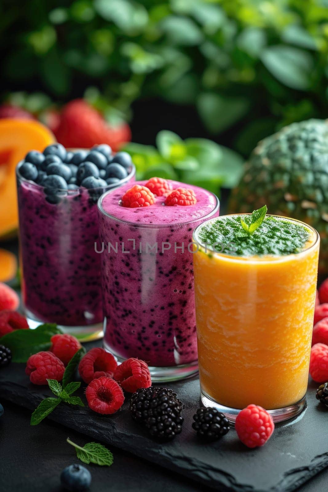 Summer colorful fruit smoothies in glasses on the table. Berries and fruits are lying nearby by Lobachad