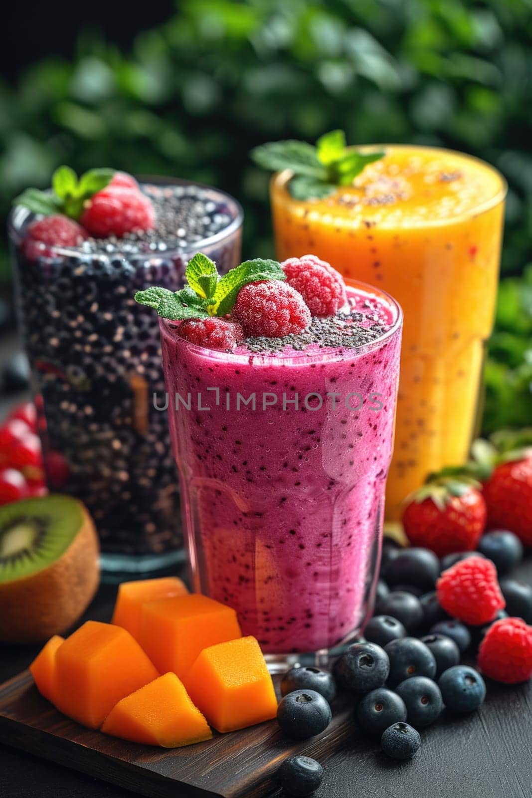 Summer colorful fruit smoothies in glasses on the table. Berries and fruits are lying nearby.