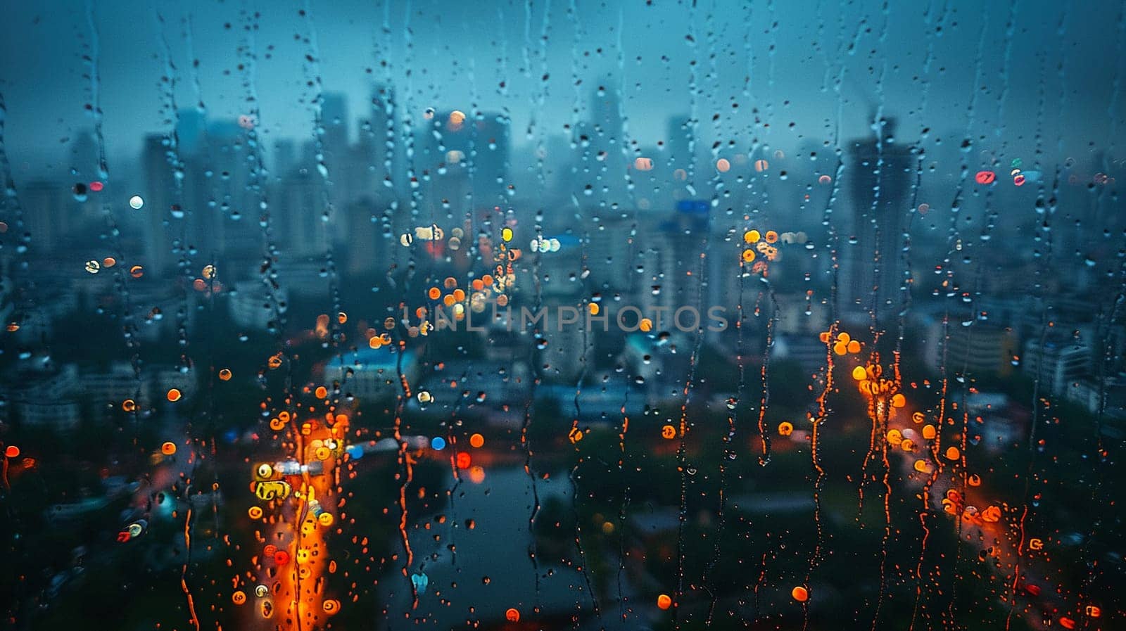 A cityscape seen through a rain-soaked window, creating a dreamy and abstract view.