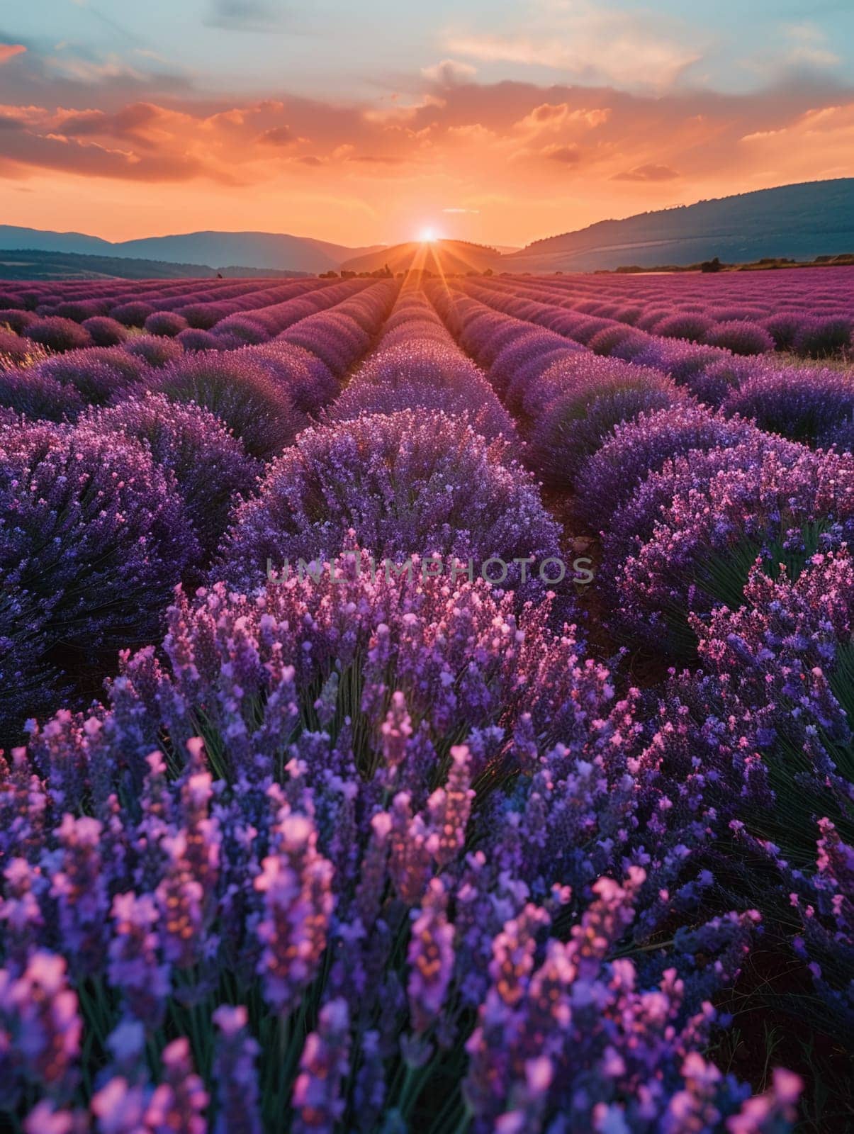 A field of lavender under a clear sky, representing calmness and natural beauty.