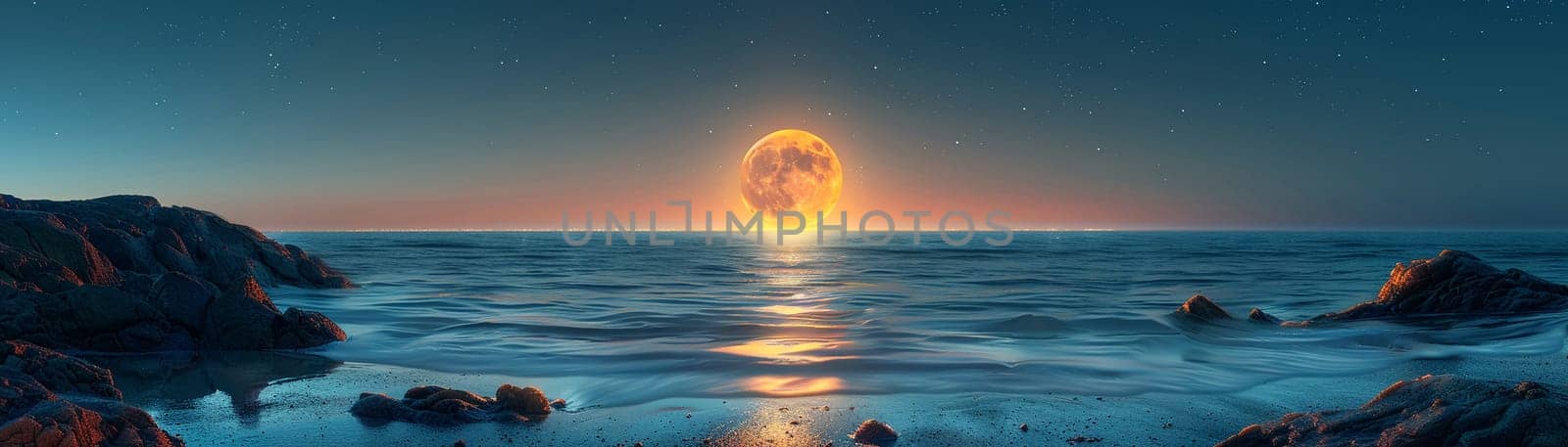 A full moon rising over a tranquil sea, evoking mystery and the beauty of the night.