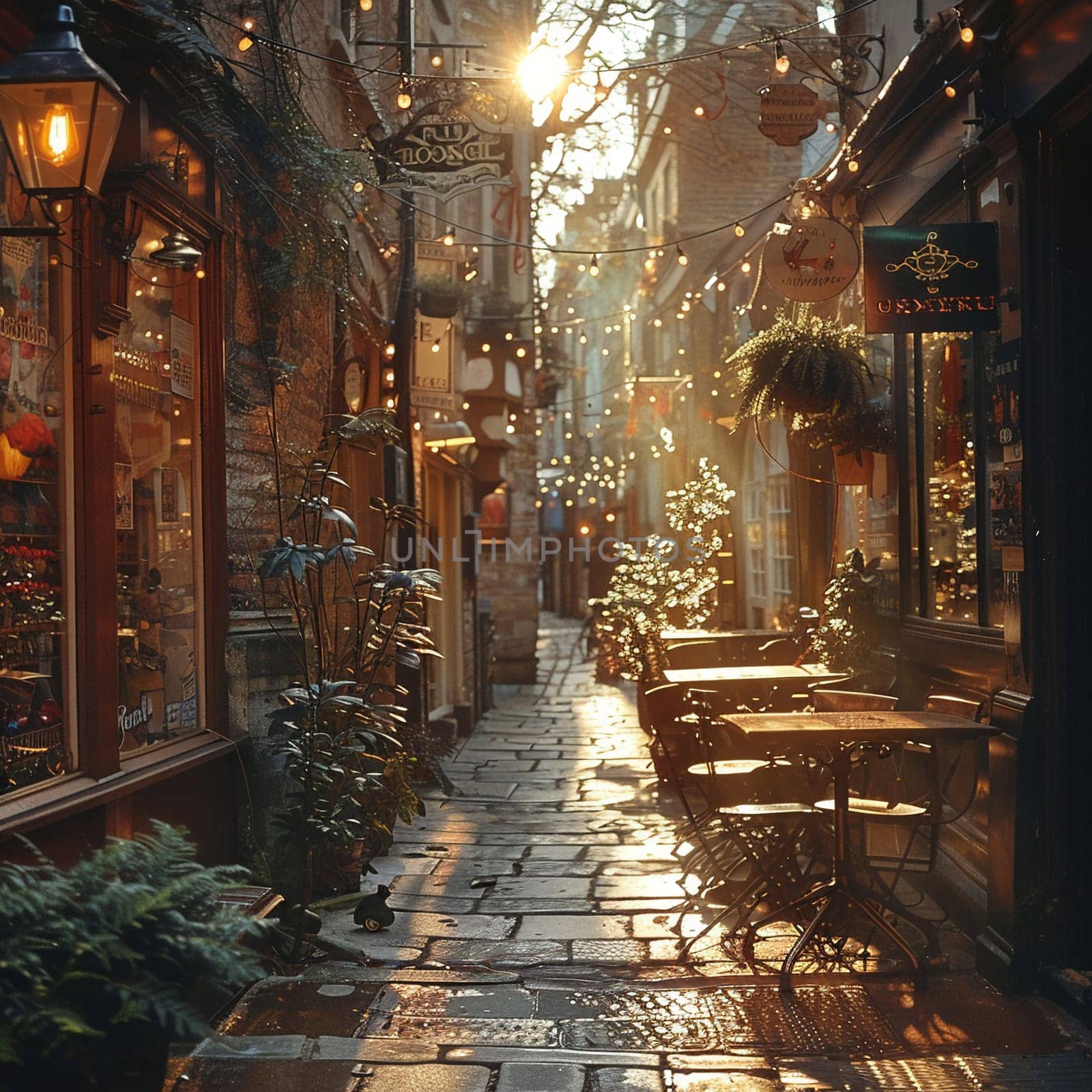 A narrow alley bathed in warm sunlight, flanked by historic buildings, evoking curiosity and exploration.