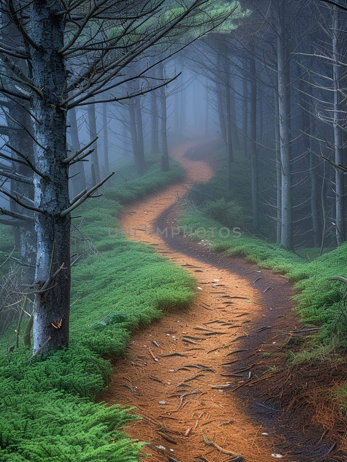 A pathway through a mystical foggy forest, inviting exploration and adventure.