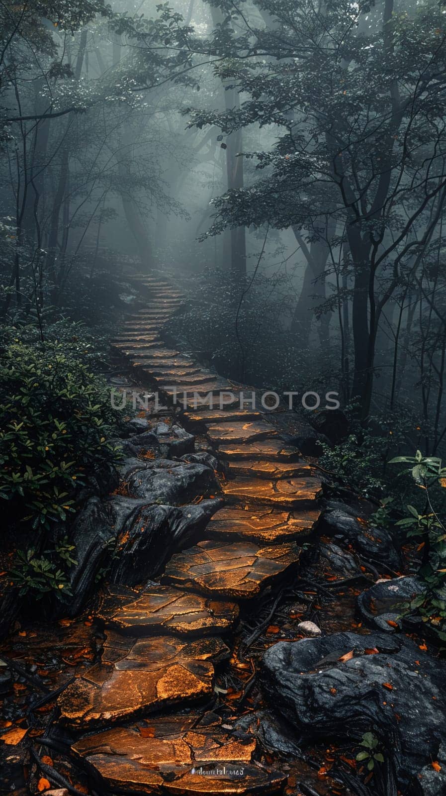 A pathway through a mystical foggy forest, inviting exploration and adventure.