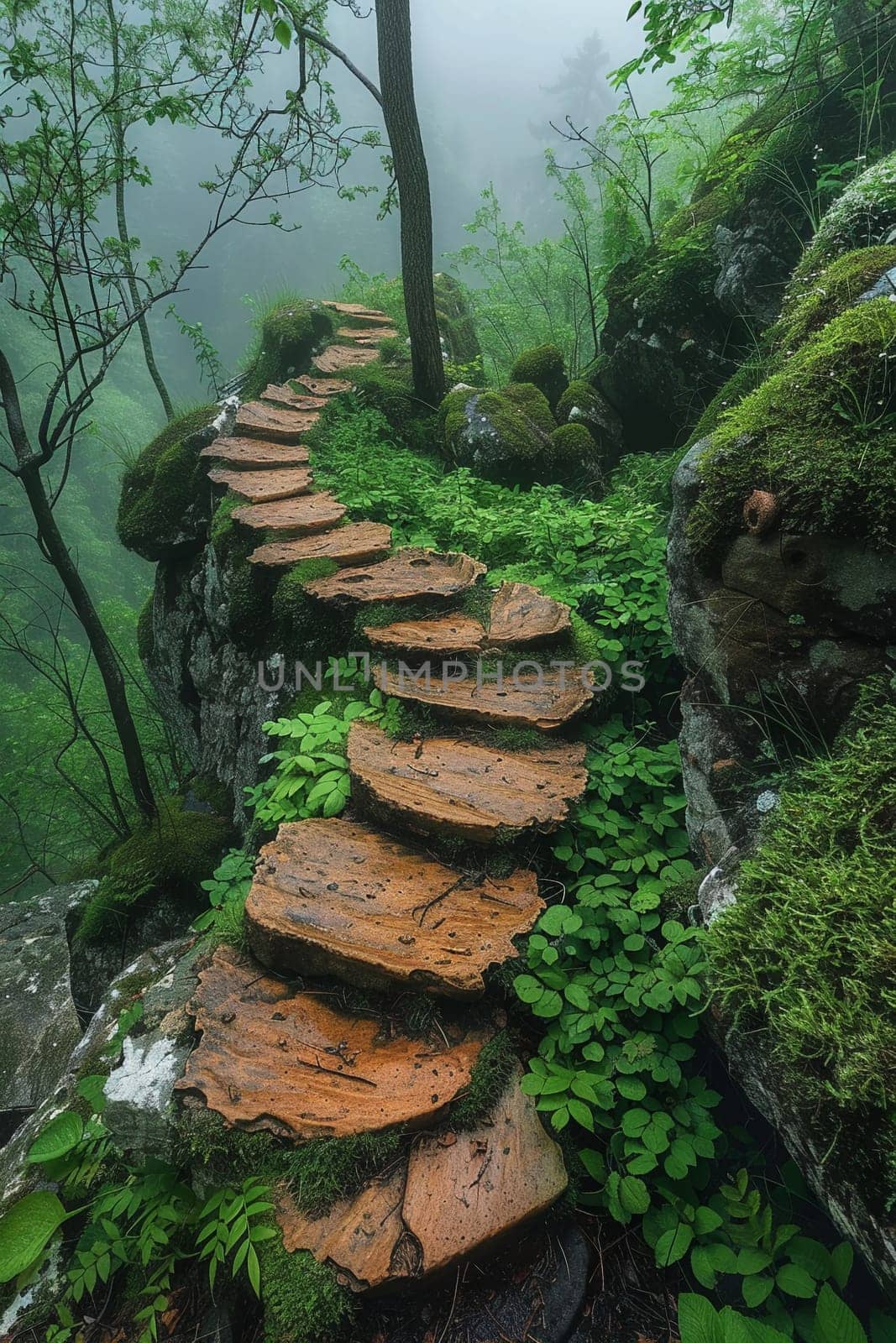 A pathway through a mystical foggy forest, inviting exploration and adventure.