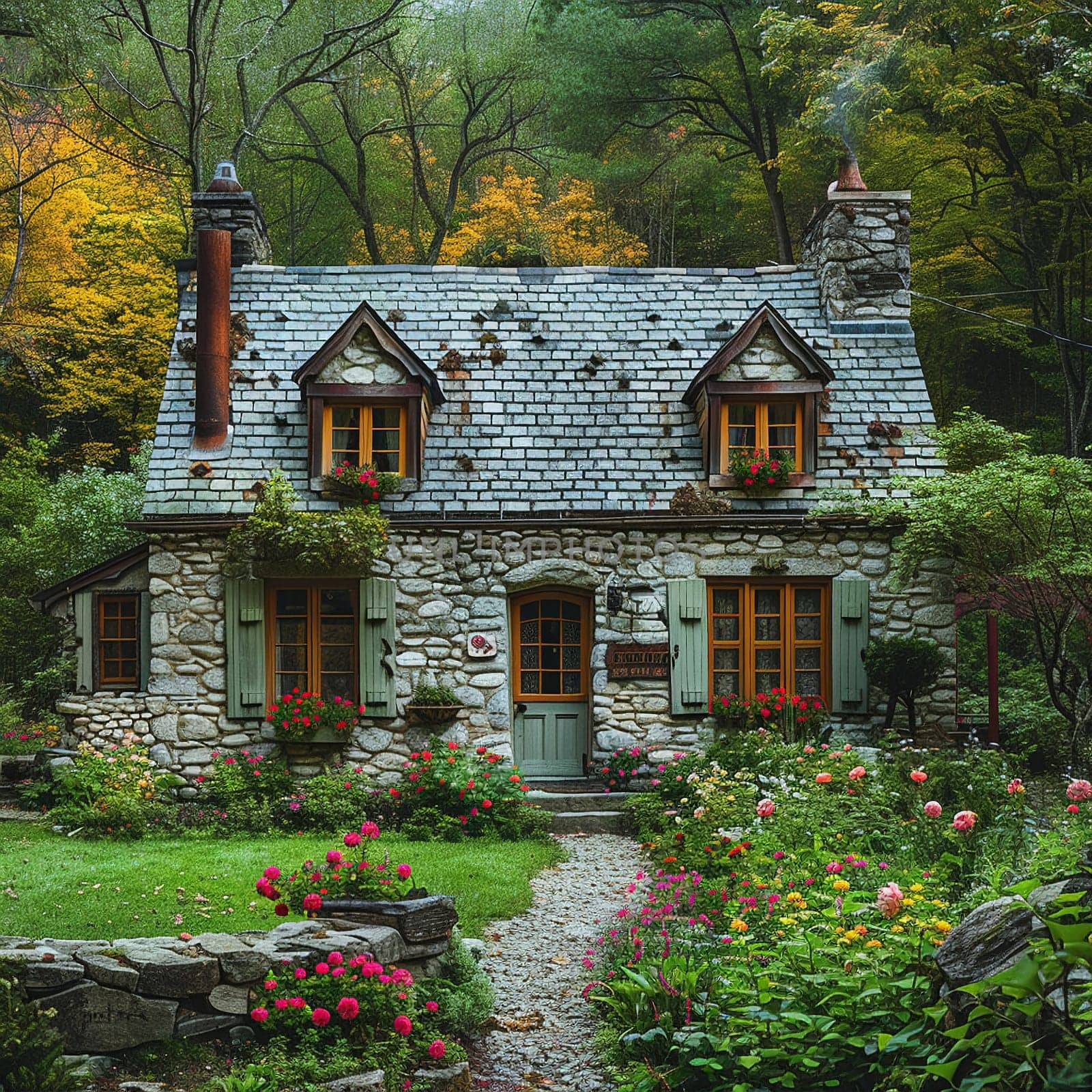 A quaint stone cottage in a lush garden by Benzoix