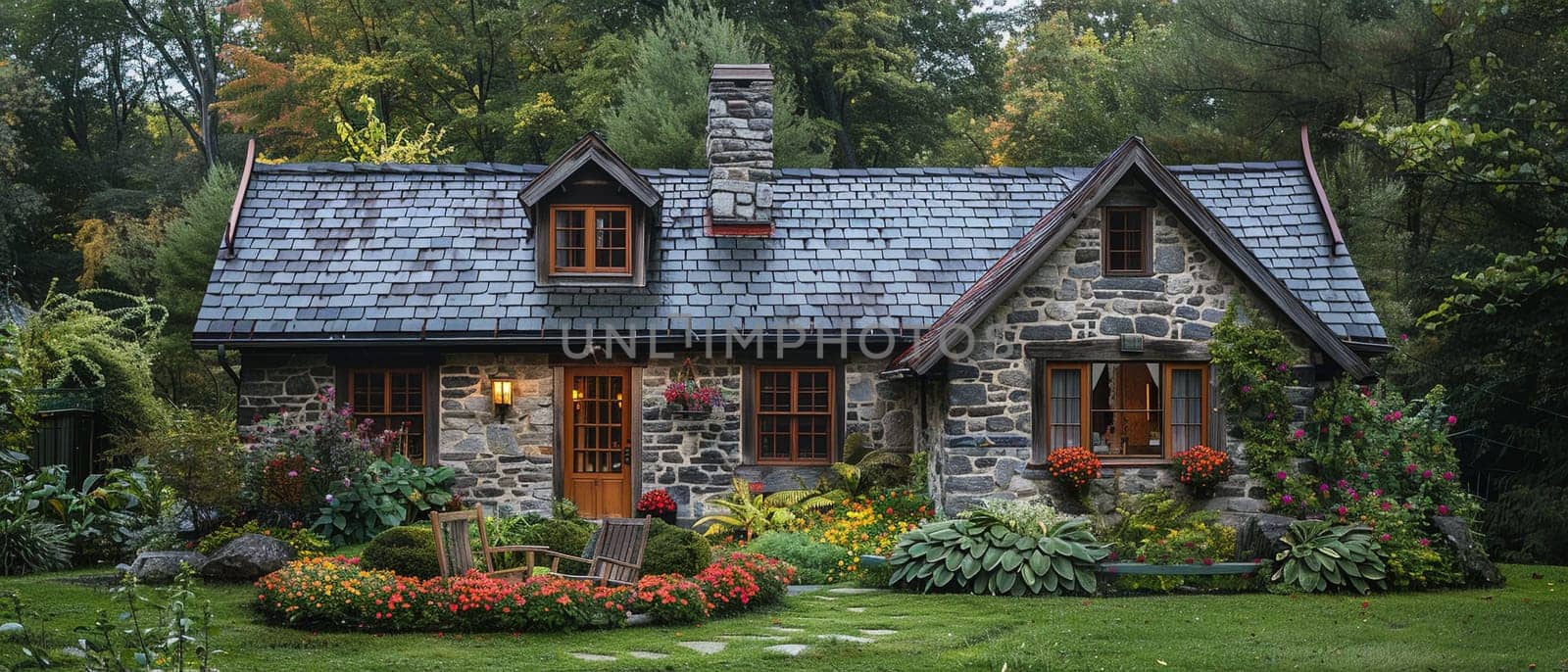 A quaint stone cottage in a lush garden by Benzoix