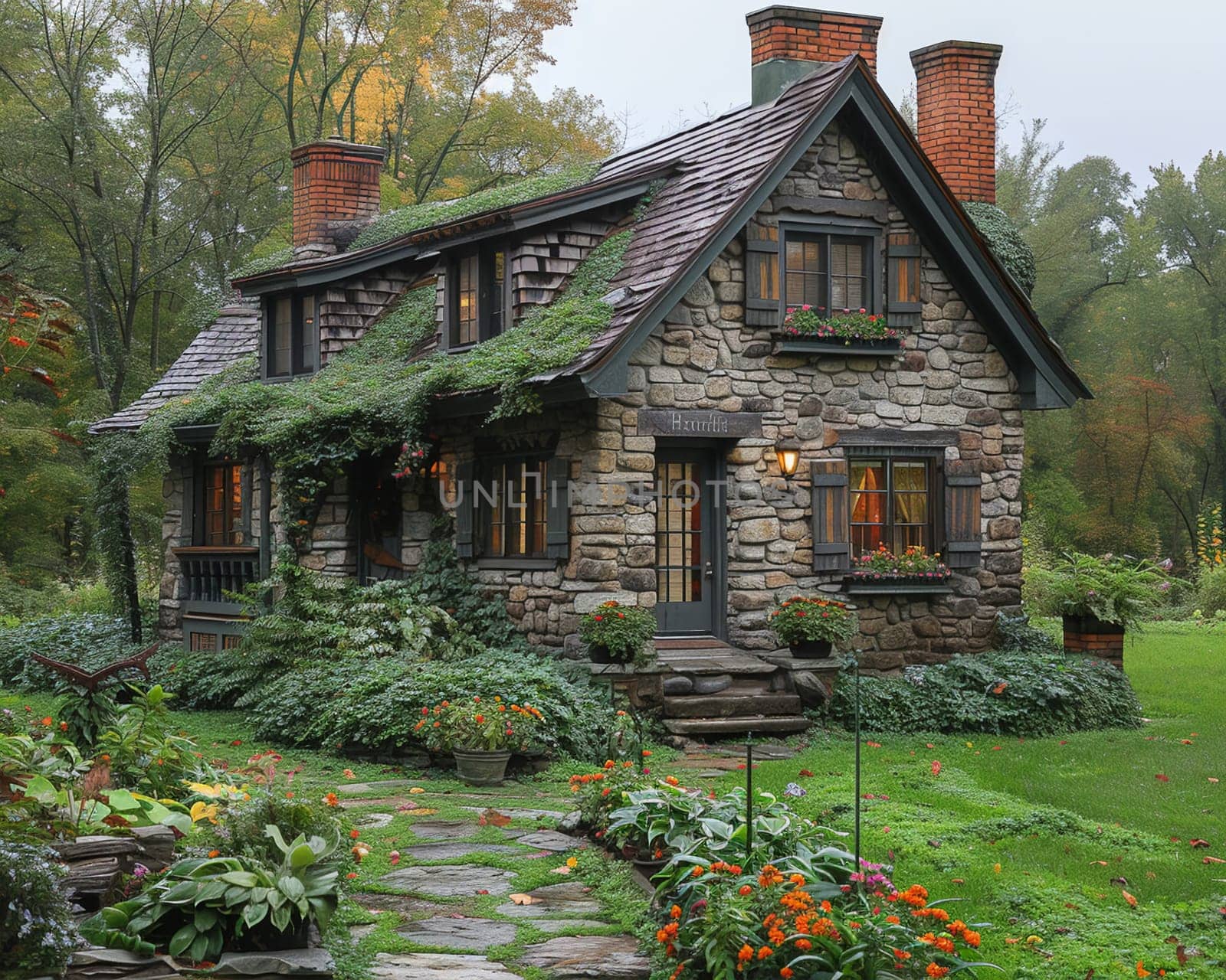 A quaint stone cottage in a lush garden by Benzoix