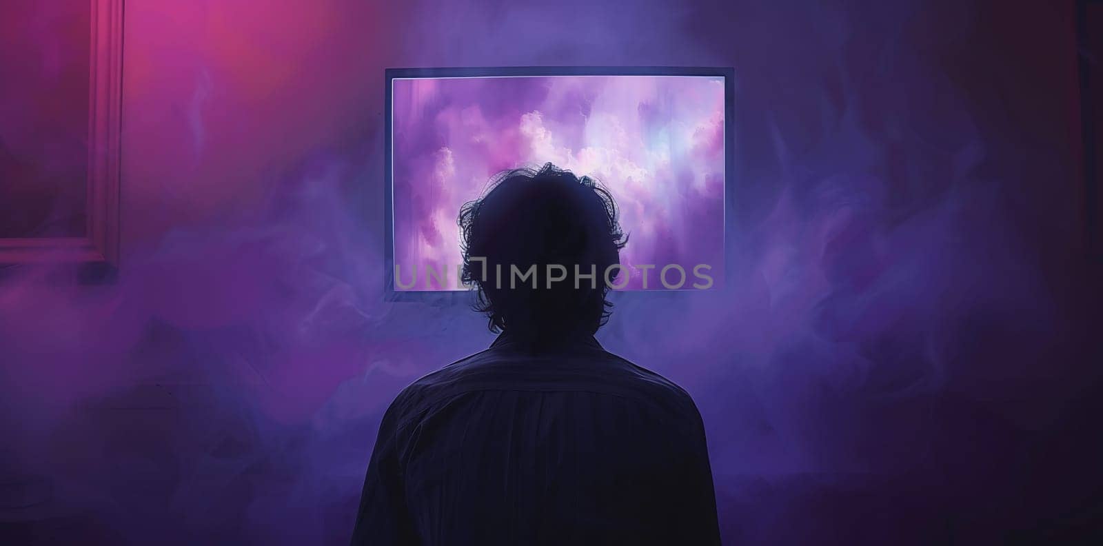 Man sits in front of a blank monitor in dark room. High quality photo