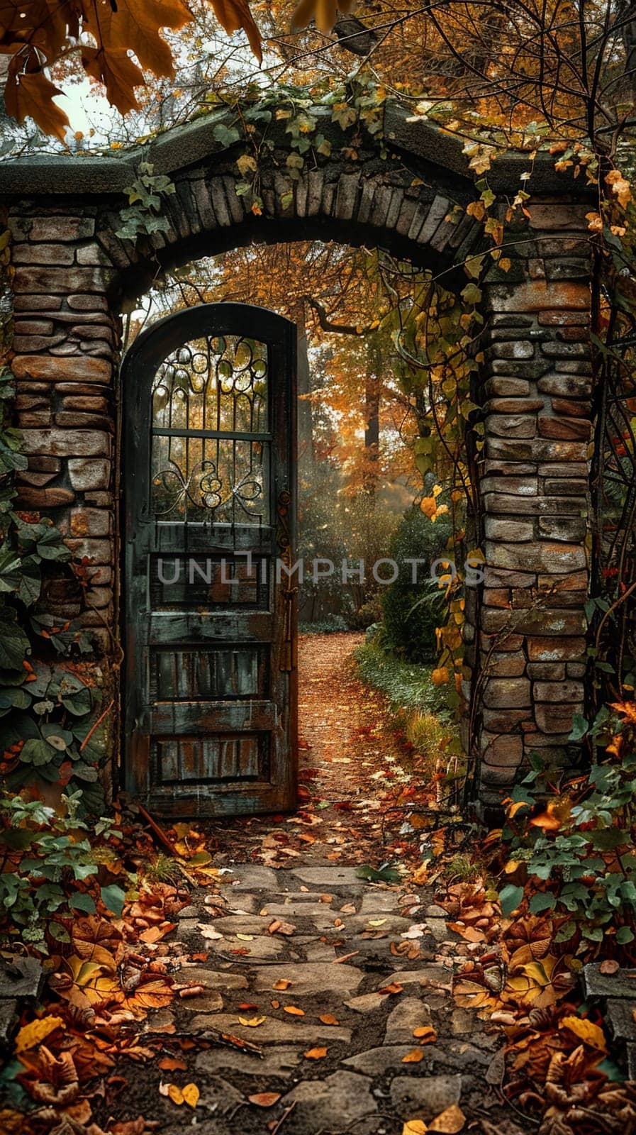 A rustic gate leading into a secret garden, inviting mystery and discovery.