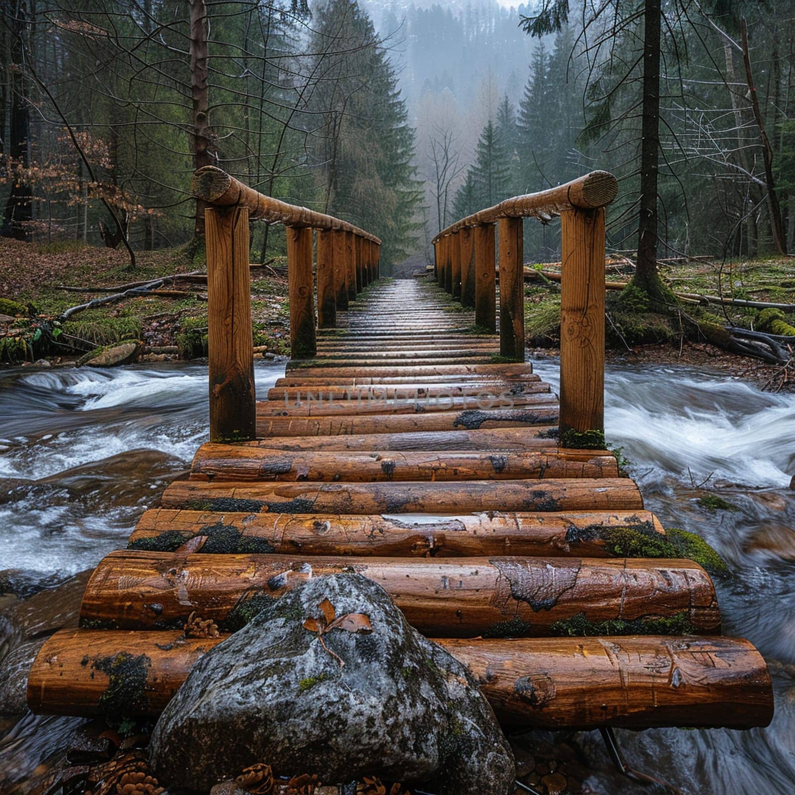 A rustic wooden bridge over a forest stream by Benzoix