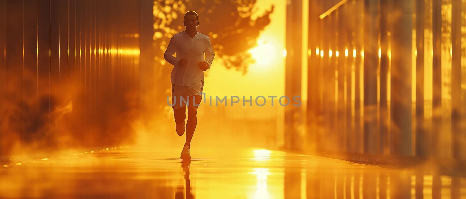 Silhouette of running man against the colorful sky. Silhouette of running man on sunset fiery background . High quality photo