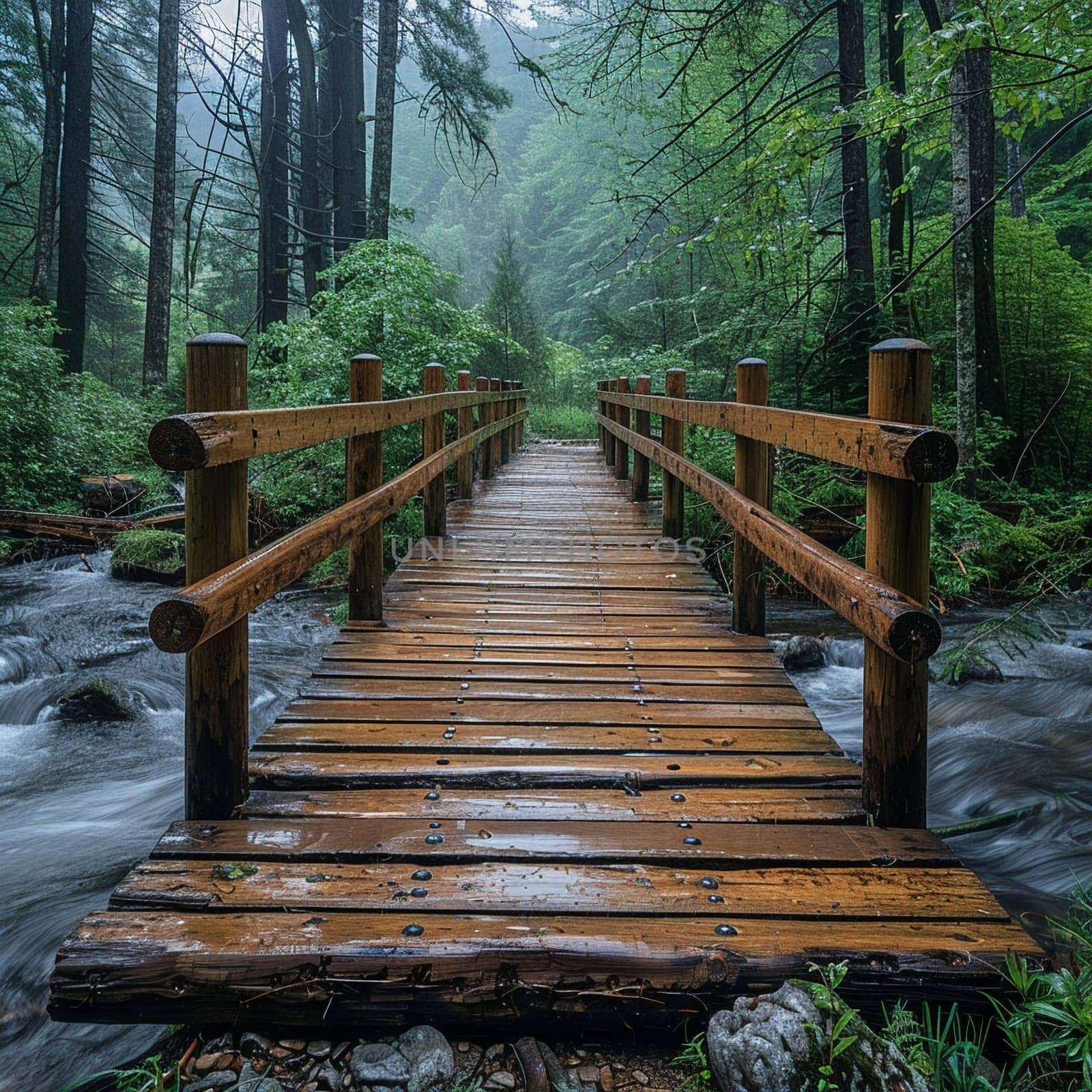 A rustic wooden bridge over a forest stream by Benzoix