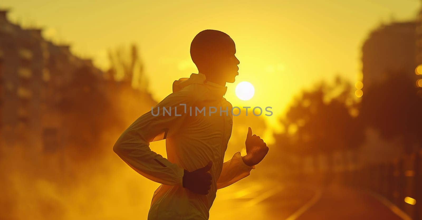 Silhouette of running man against the colorful sky. Silhouette of running man on sunset fiery background by Andelov13