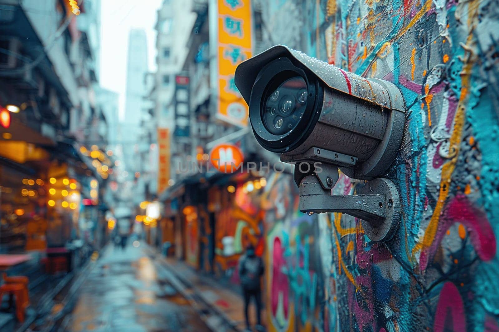 A street security camera monitoring activity on a city street, attached to a wall.