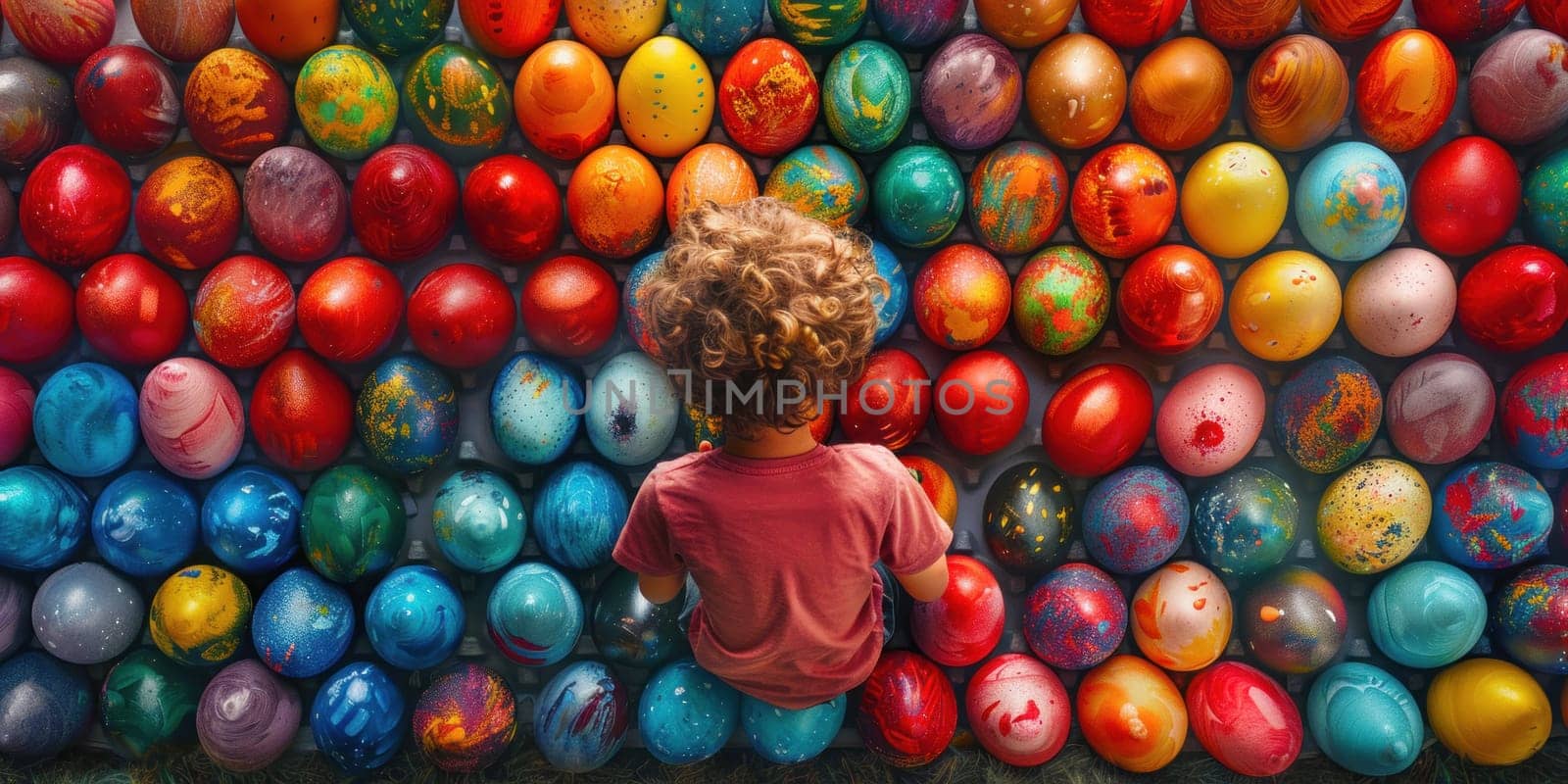 A child stands in front of a display of painted eggs, showcasing colorful designs for Easter.