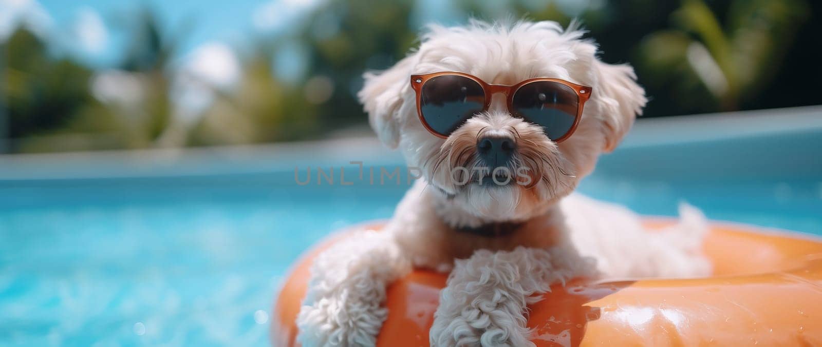 Portrait summer dog puppy going on vacation to beach inside a blue inflatable with happy expression face. . High quality photo